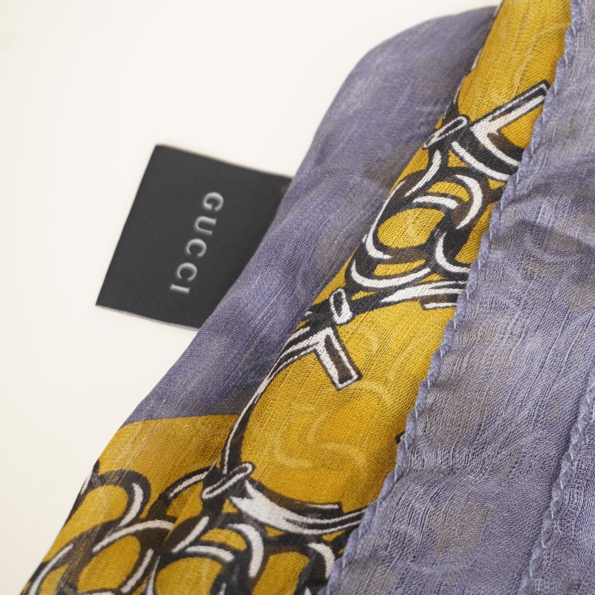 PRE-OWNED GG Yellow & Grey Chain and Interlocking Pattern Silk Scarf