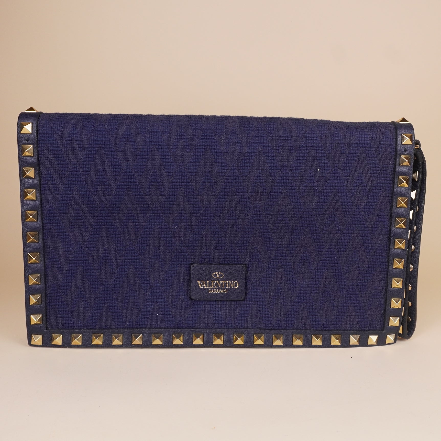 PRE-OWNED Navy Blue Leather Rockstud Wristlet Clutch