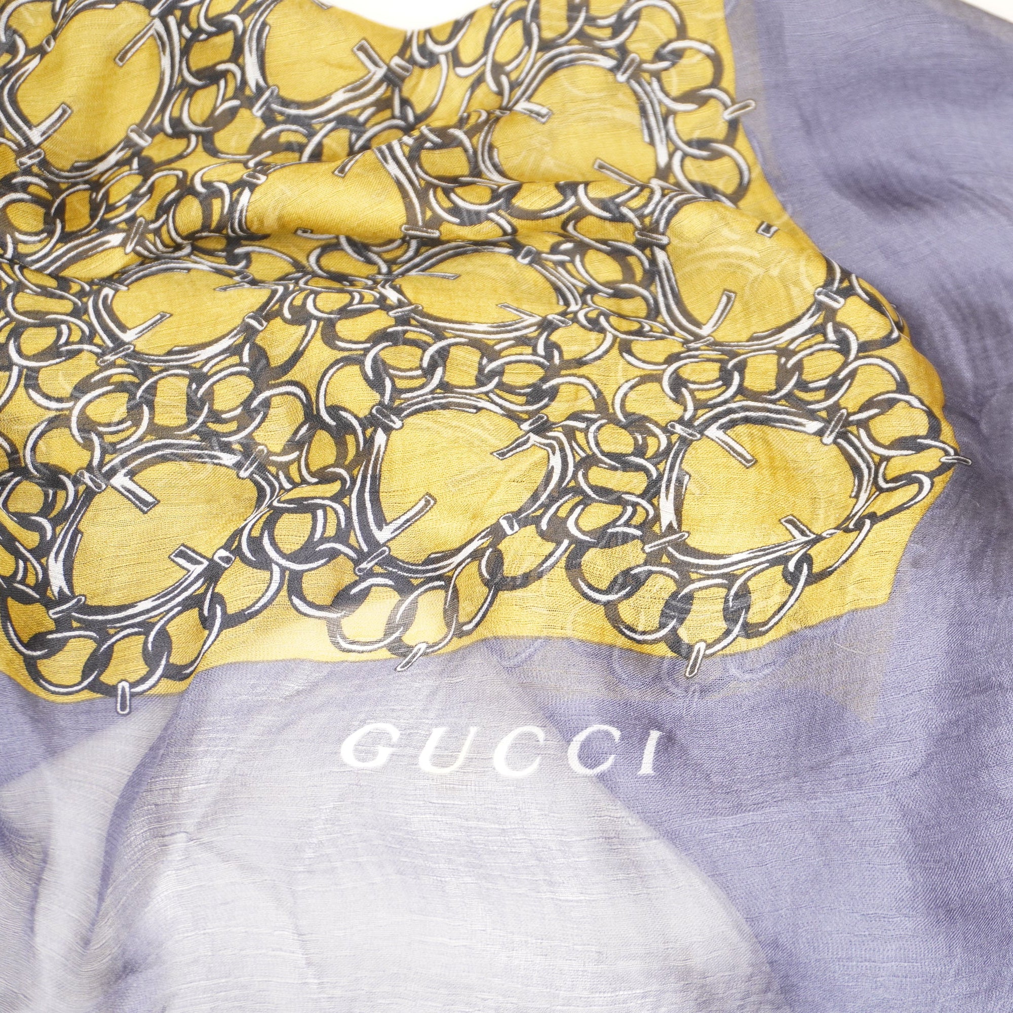 PRE-OWNED GG Yellow & Grey Chain and Interlocking Pattern Silk Scarf