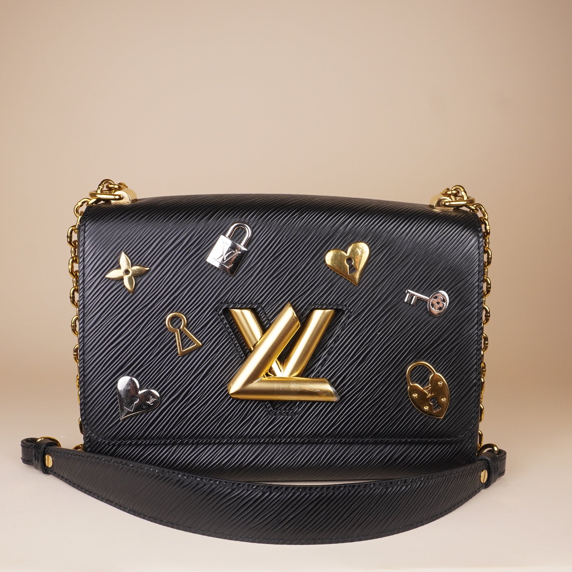 PRE-OWNED LV Epi Love Lock Twist Shoulder Bag MM Black