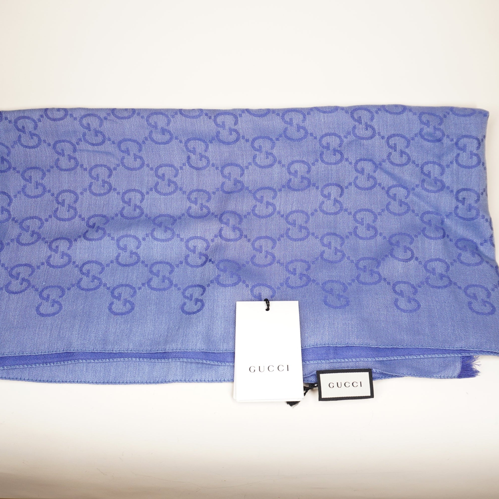 PRE-OWNED GG Blue Jacquard Silk-Wool Blend Scarf 