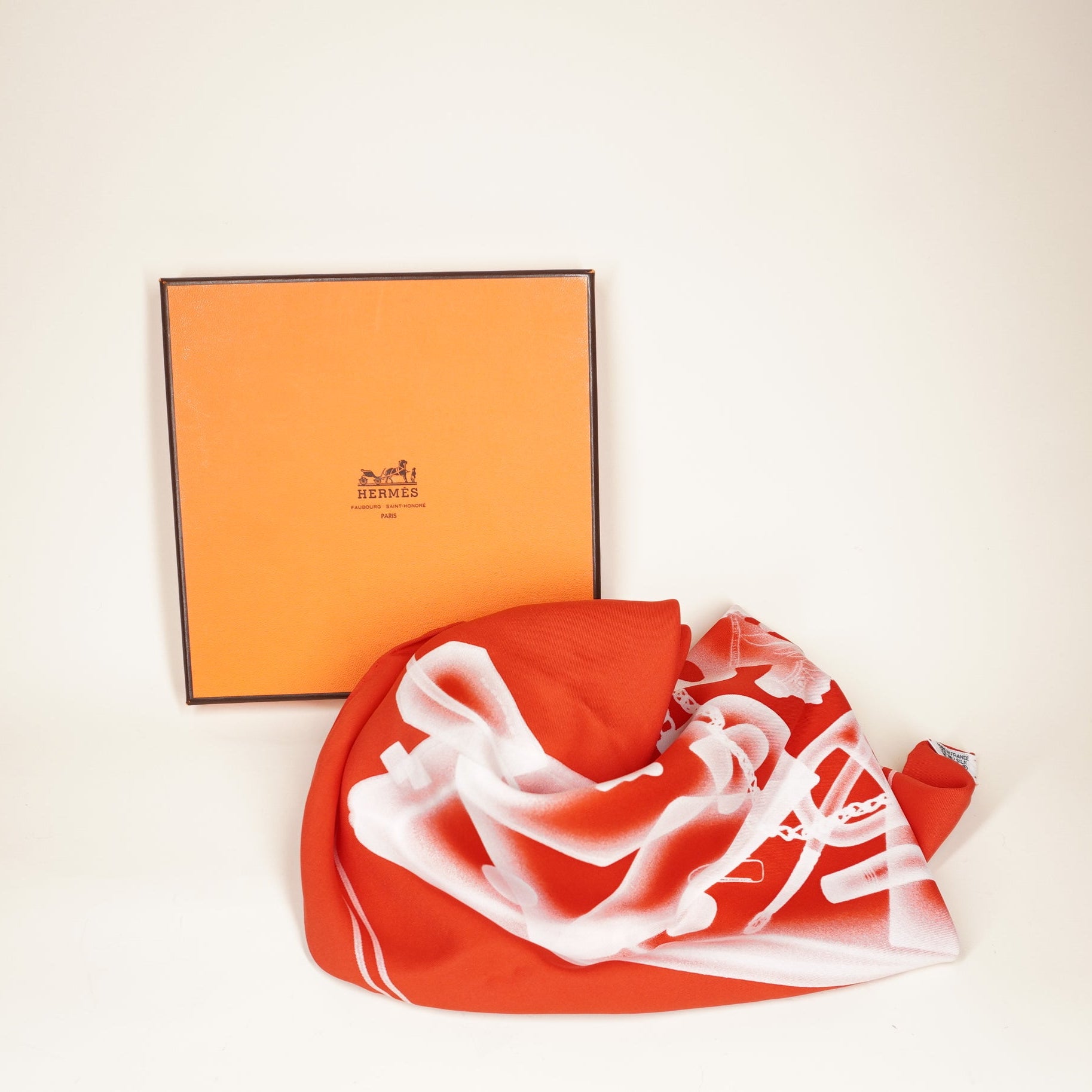 PRE-OWNED Red Orange Please Check-In Silk Scarf
