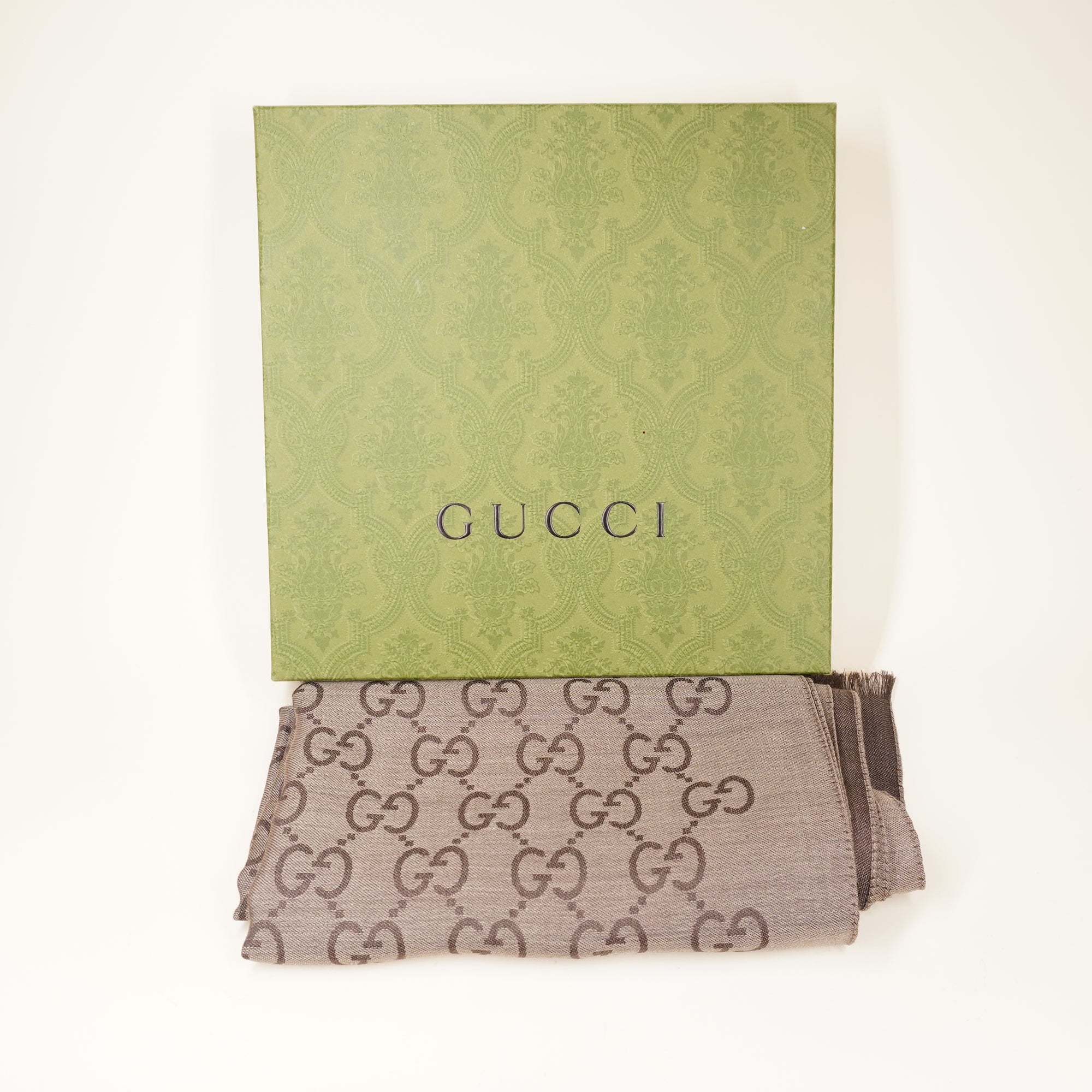 PRE-OWNED GG Brown Jacquard Wool-Silk Scarf 