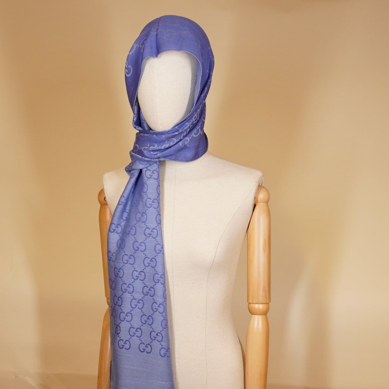 PRE-OWNED GG Blue Jacquard Silk-Wool Blend Scarf 
