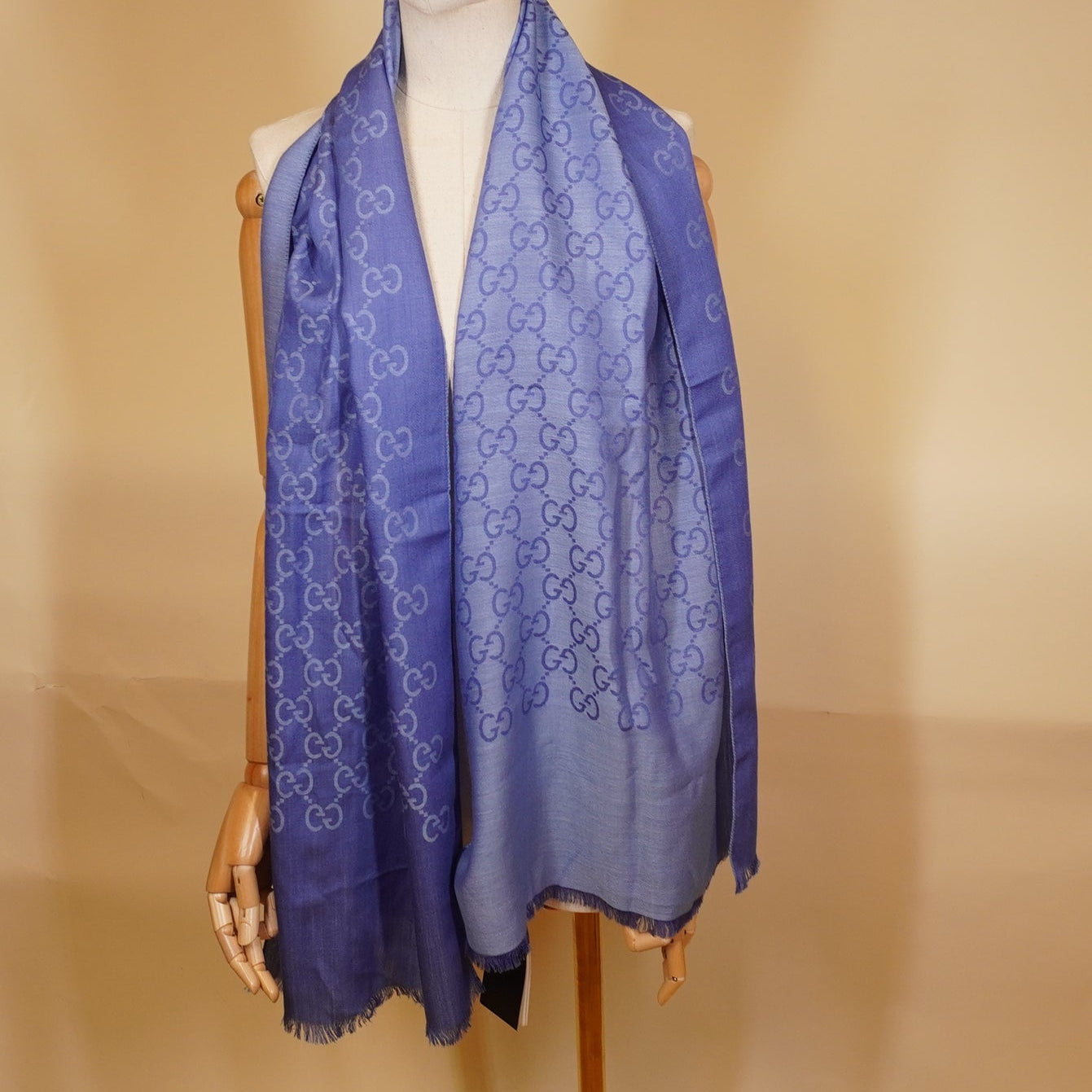 PRE-OWNED GG Blue Jacquard Silk-Wool Blend Scarf 