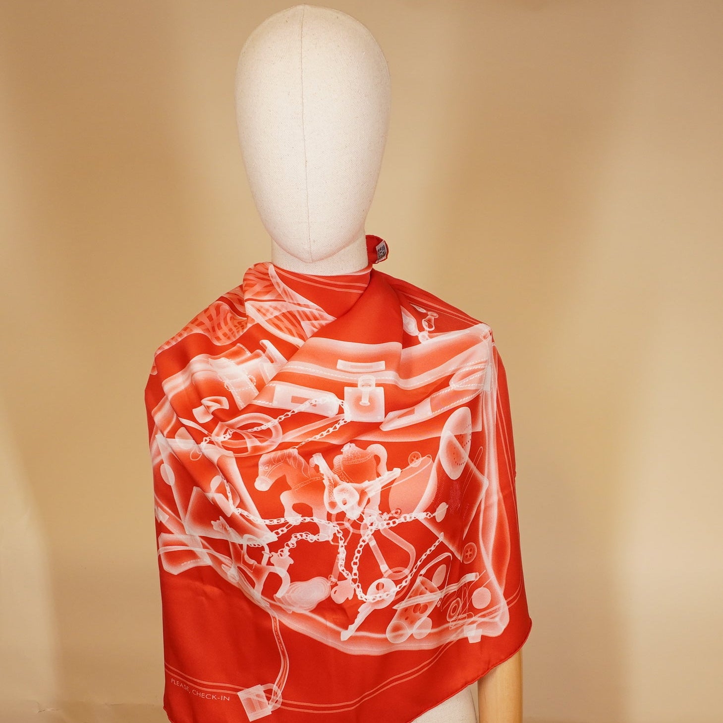 PRE-OWNED Red Orange Please Check-In Silk Scarf