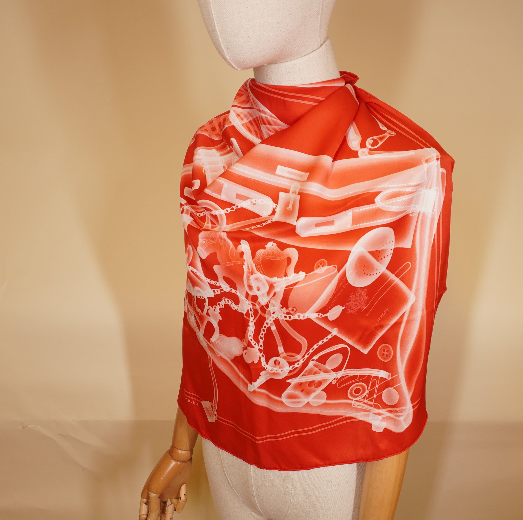 PRE-OWNED Red Orange Please Check-In Silk Scarf