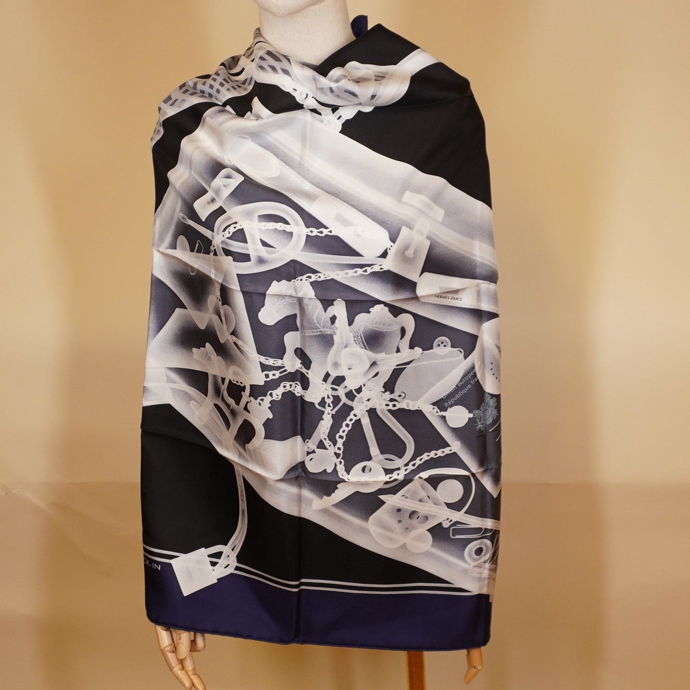 PRE-OWNED Navy Please, Check-In Silk Scarf