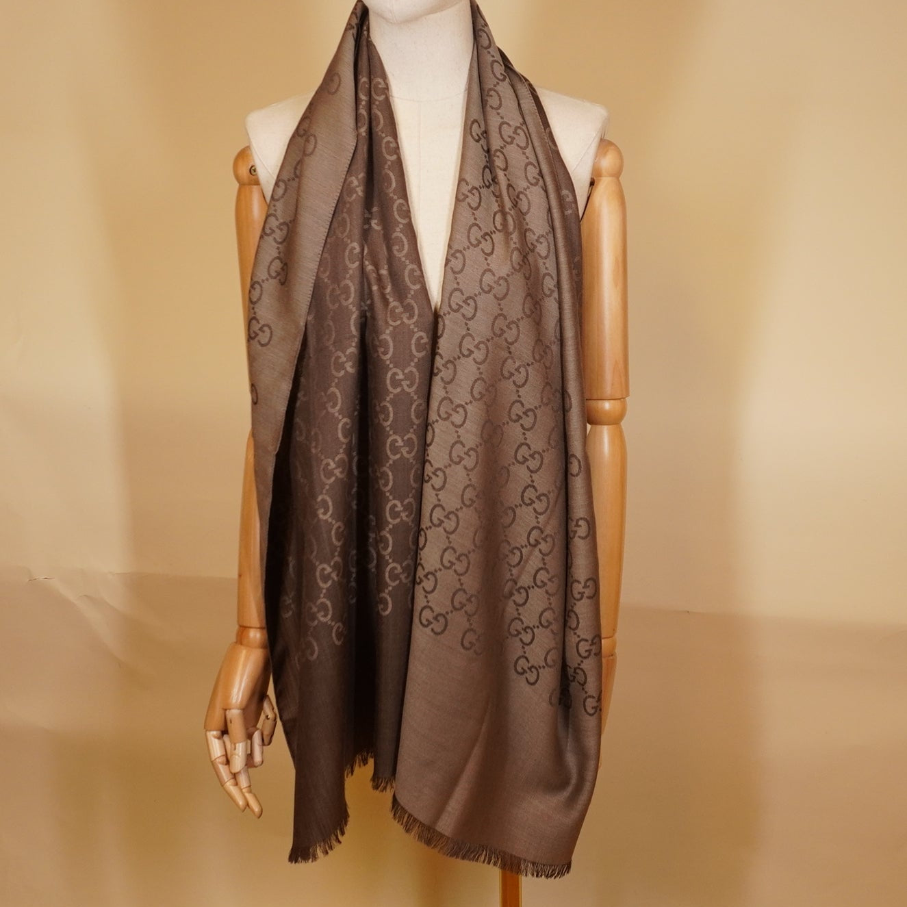 PRE-OWNED GG Brown Jacquard Wool-Silk Scarf 