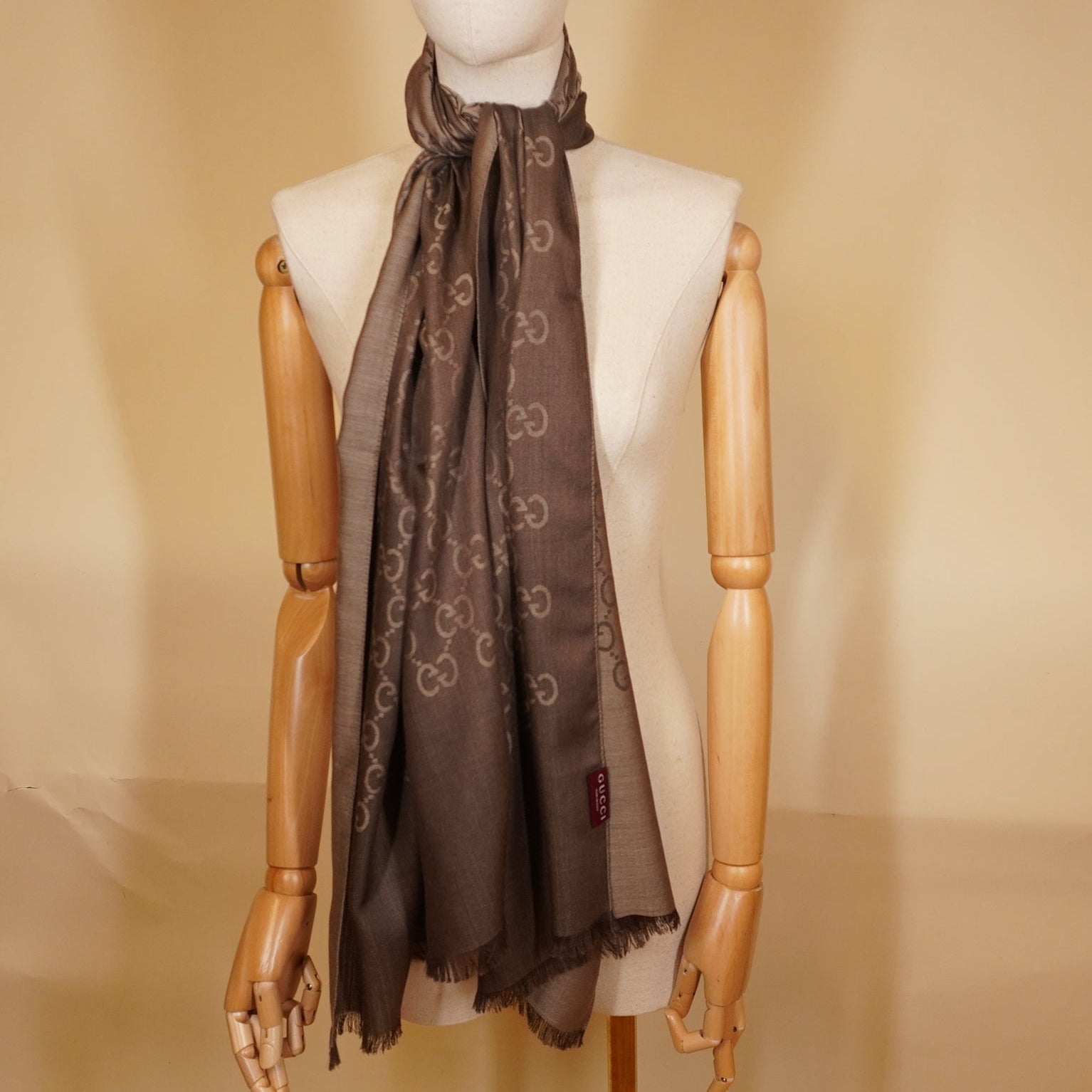 PRE-OWNED GG Brown Jacquard Wool-Silk Scarf 