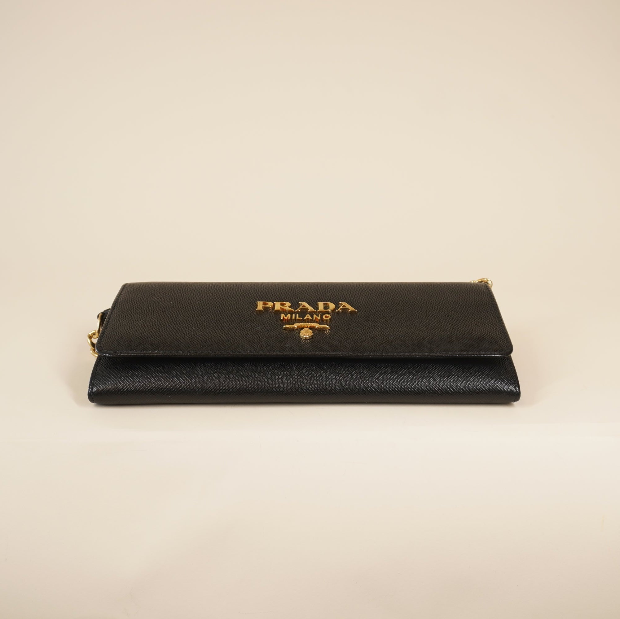 PRE-OWNED Black Saffiano Wallet on Chain Crossbody Bag