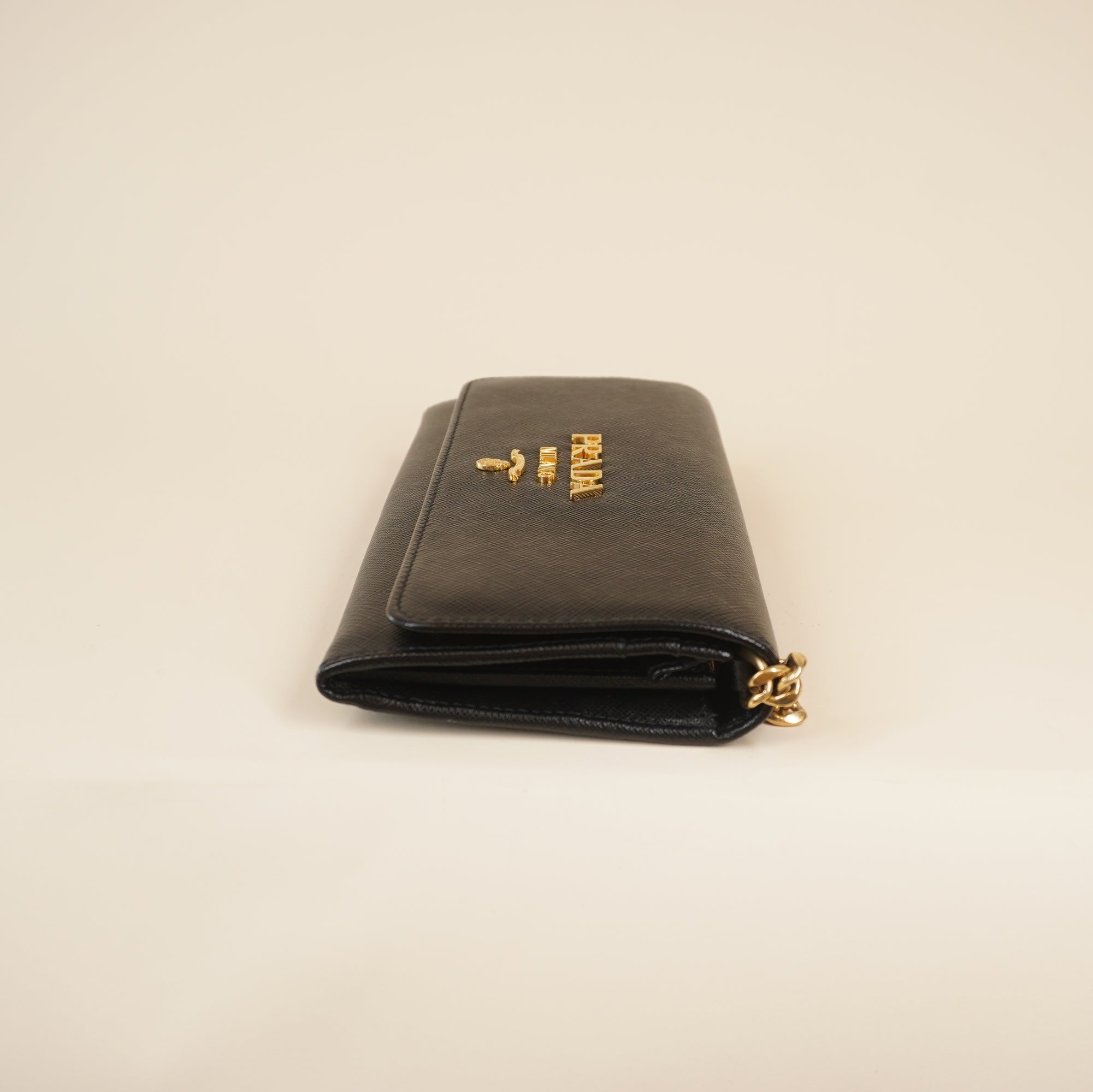 PRE-OWNED Black Saffiano Wallet on Chain Crossbody Bag