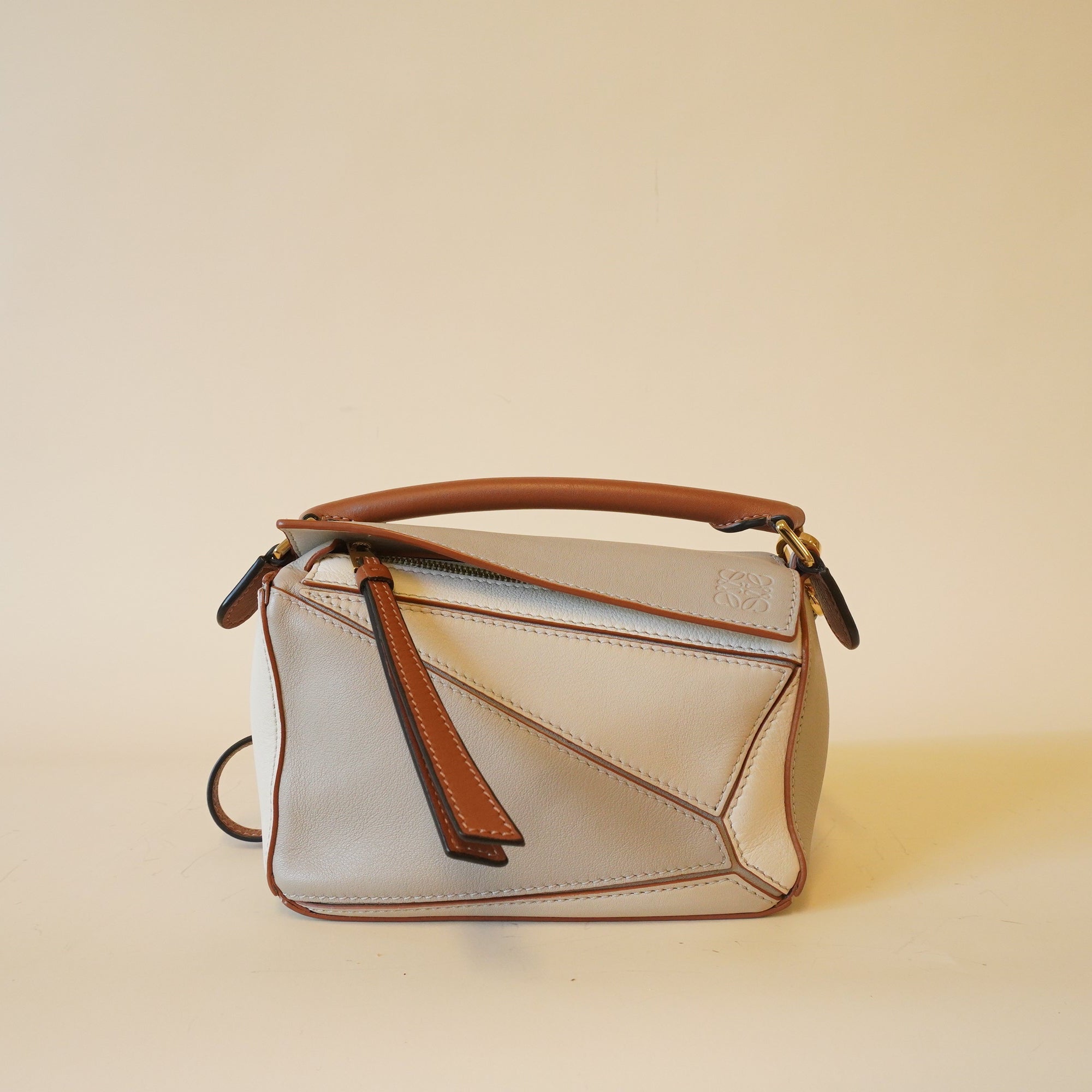PRE-OWNED Neutral Leather Mini Puzzle Edge Shoulder Bag