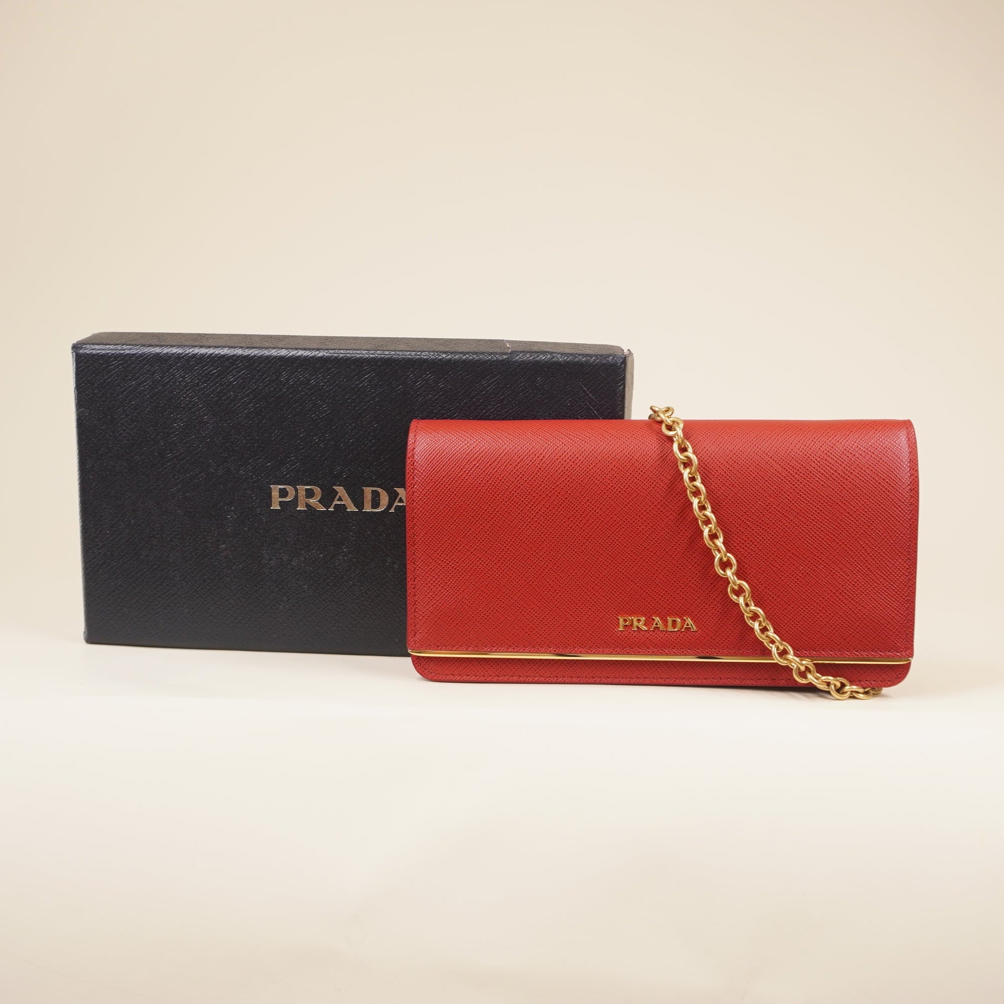 PRE-ONWED Saffiano Leather Red Wallet on Chain