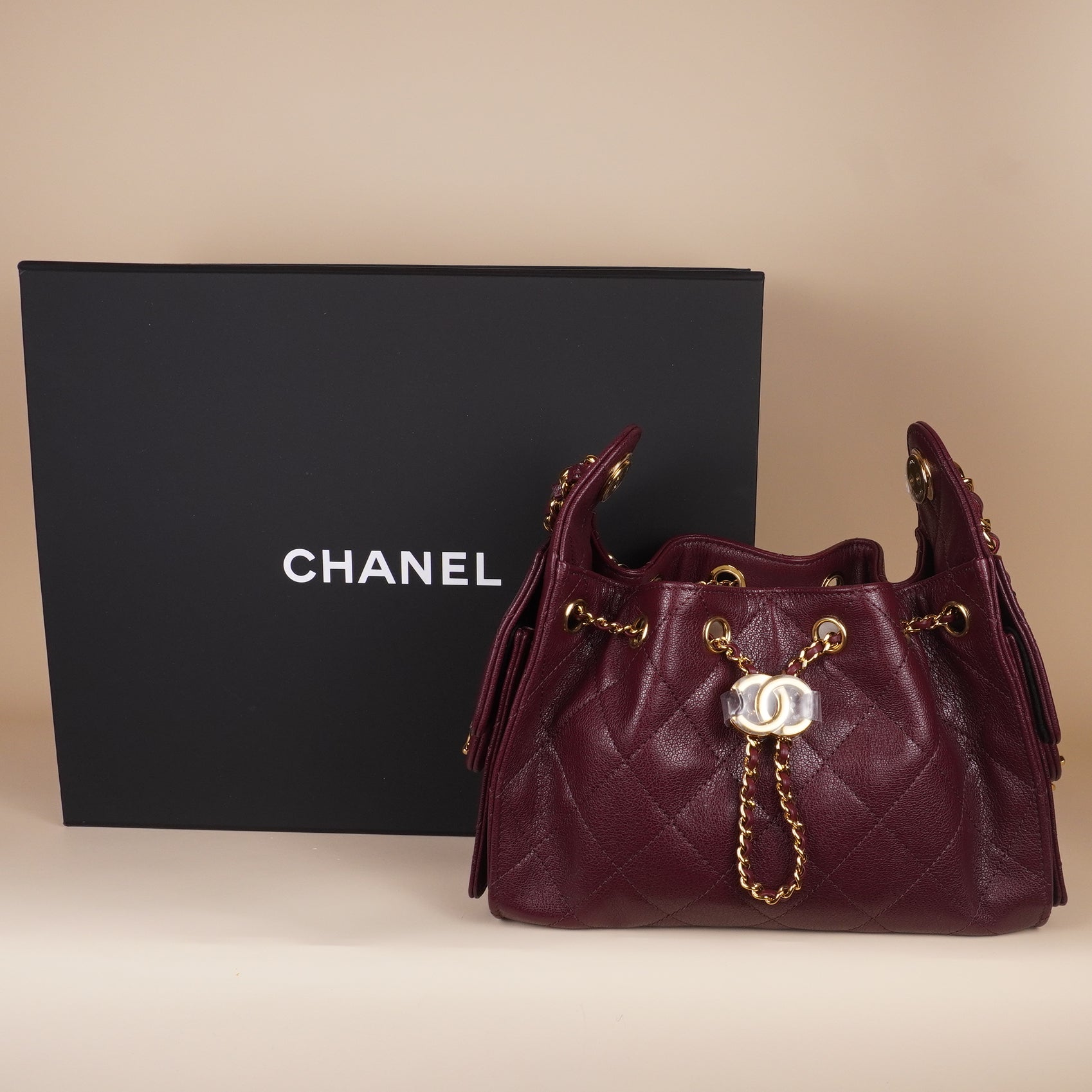 PRE-OWNED CC 25 Mini Hobo Bag Burgundy Calfskin