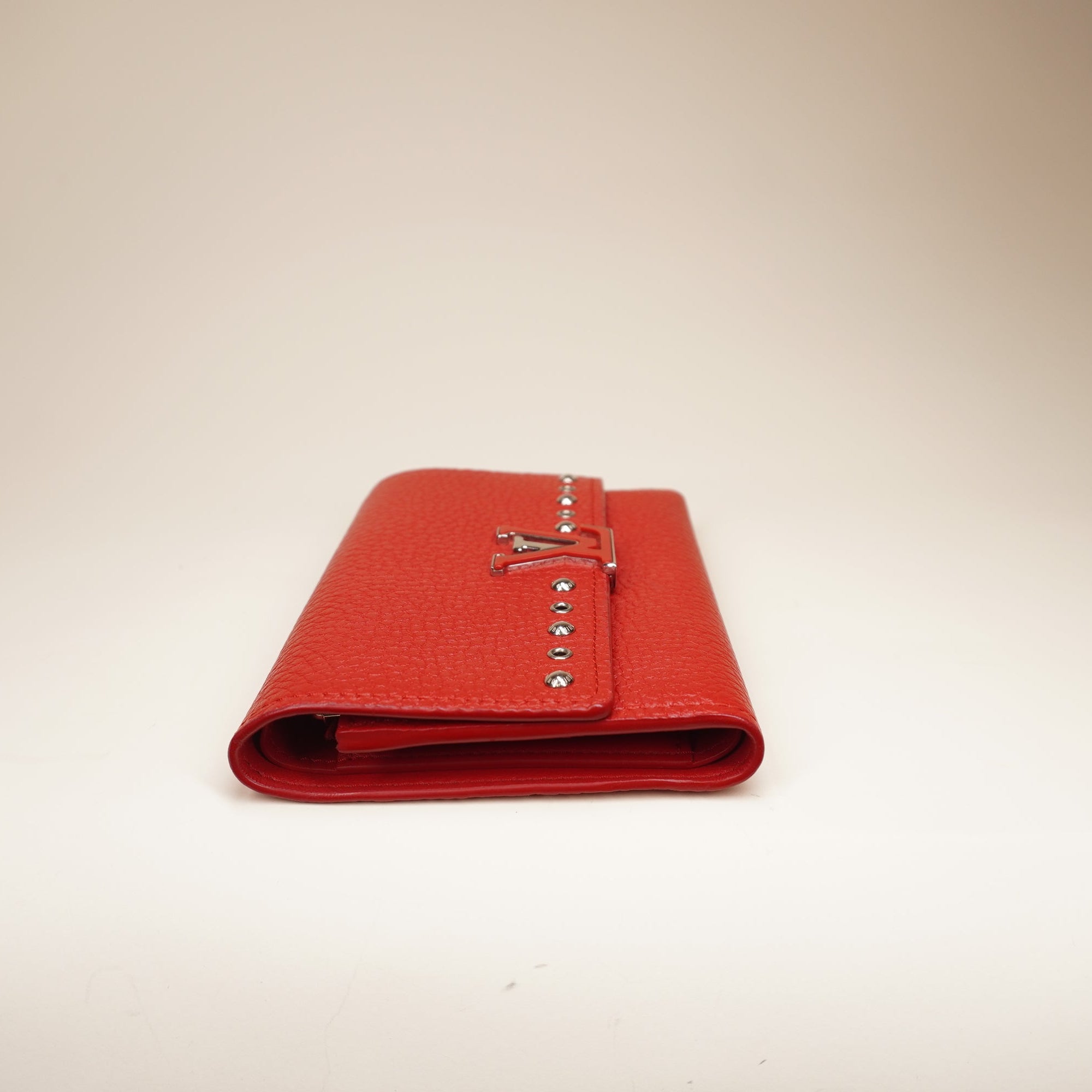 PRE-OWNED LV Capucines Wallet Leather Red Embellished Detail