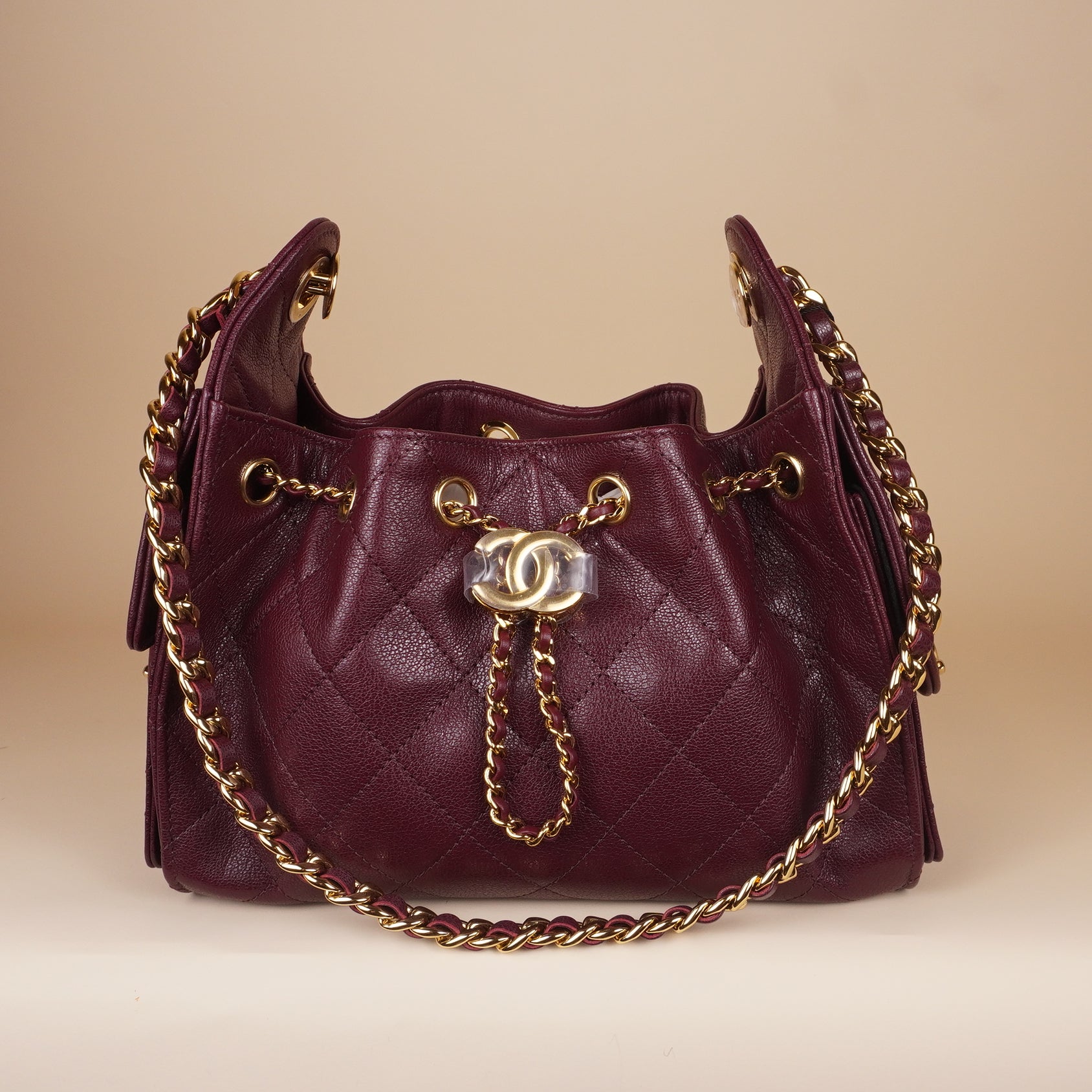 PRE-OWNED CC 25 Mini Hobo Bag Burgundy Calfskin