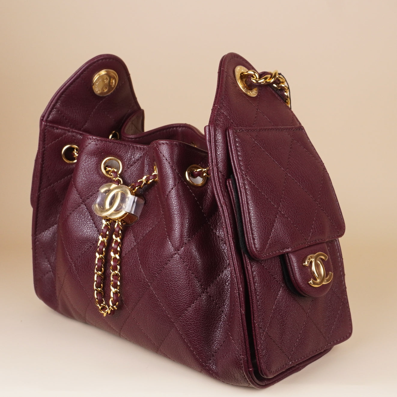 PRE-OWNED CC 25 Mini Hobo Bag Burgundy Calfskin