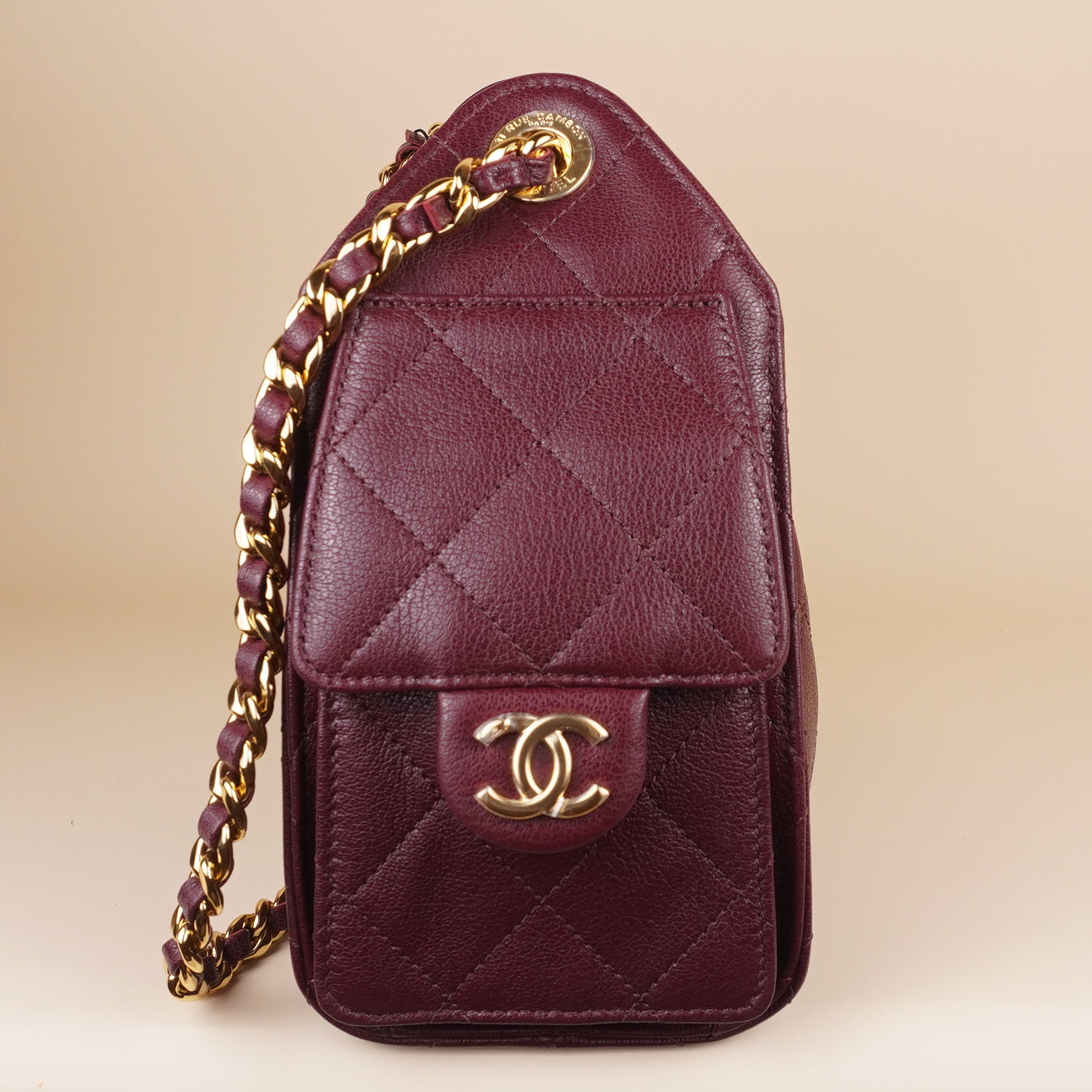 PRE-OWNED CC 25 Mini Hobo Bag Burgundy Calfskin
