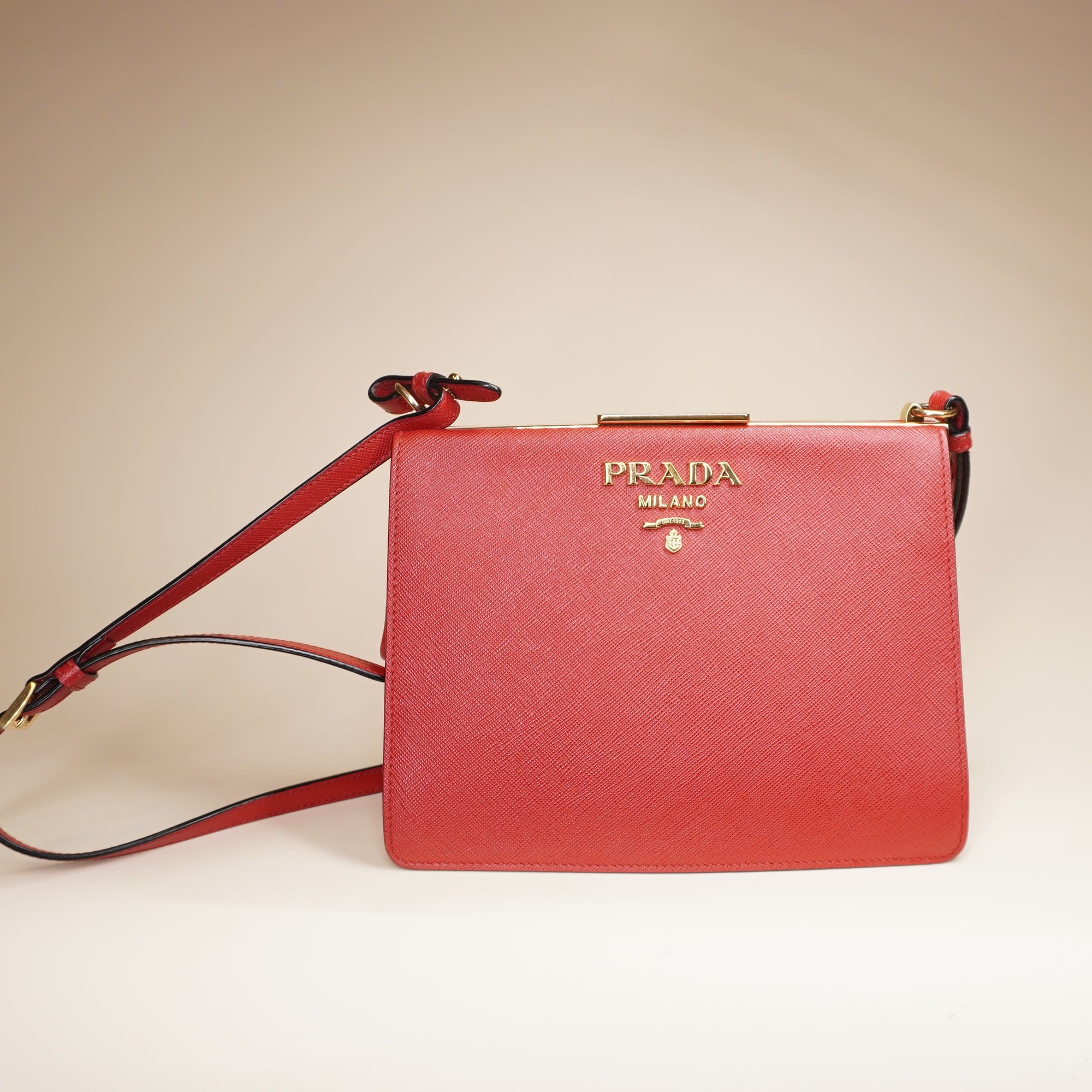 PRE-OWNED Saffiano Leather Red Light Frame Crossbody Bag