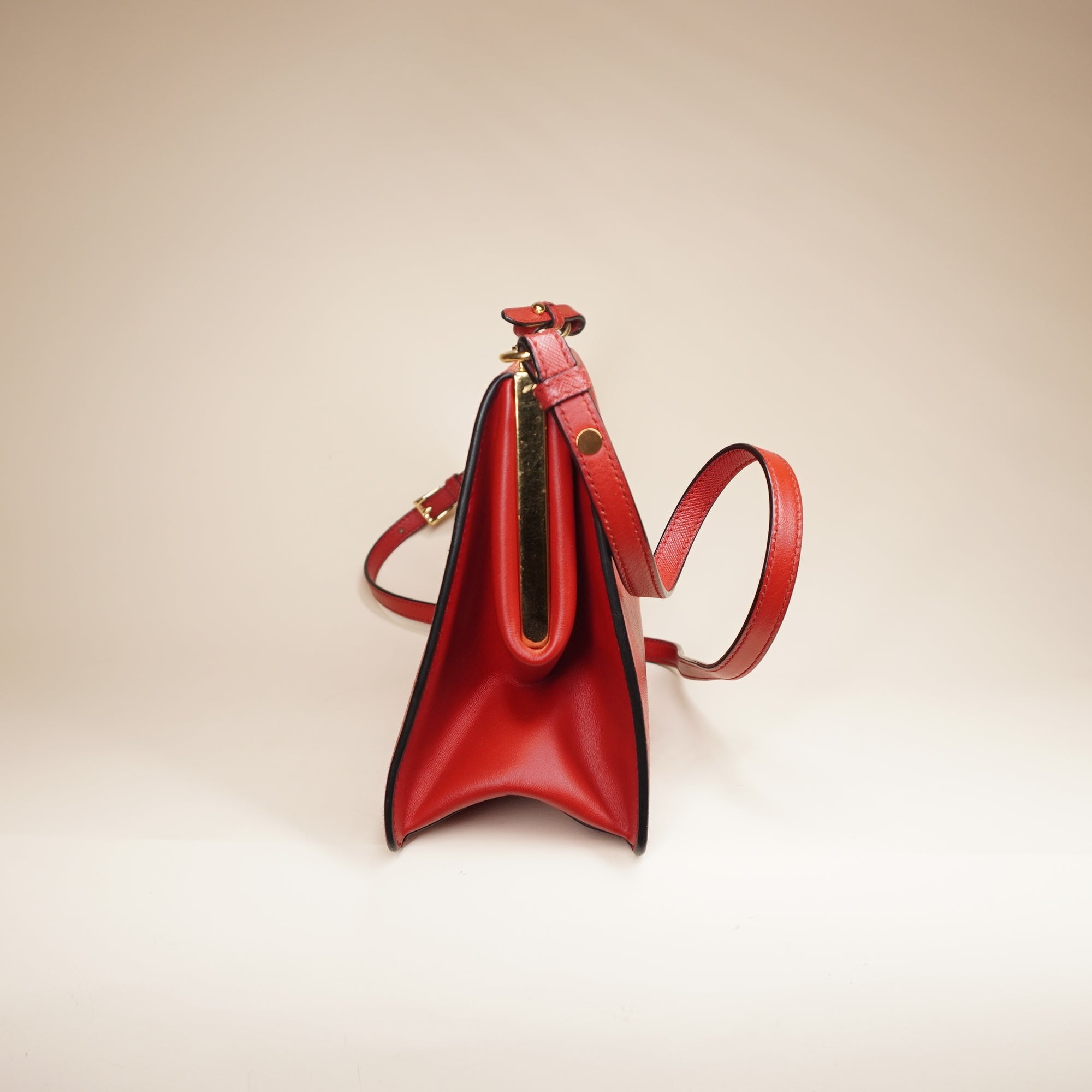 PRE-OWNED Saffiano Leather Red Light Frame Crossbody Bag