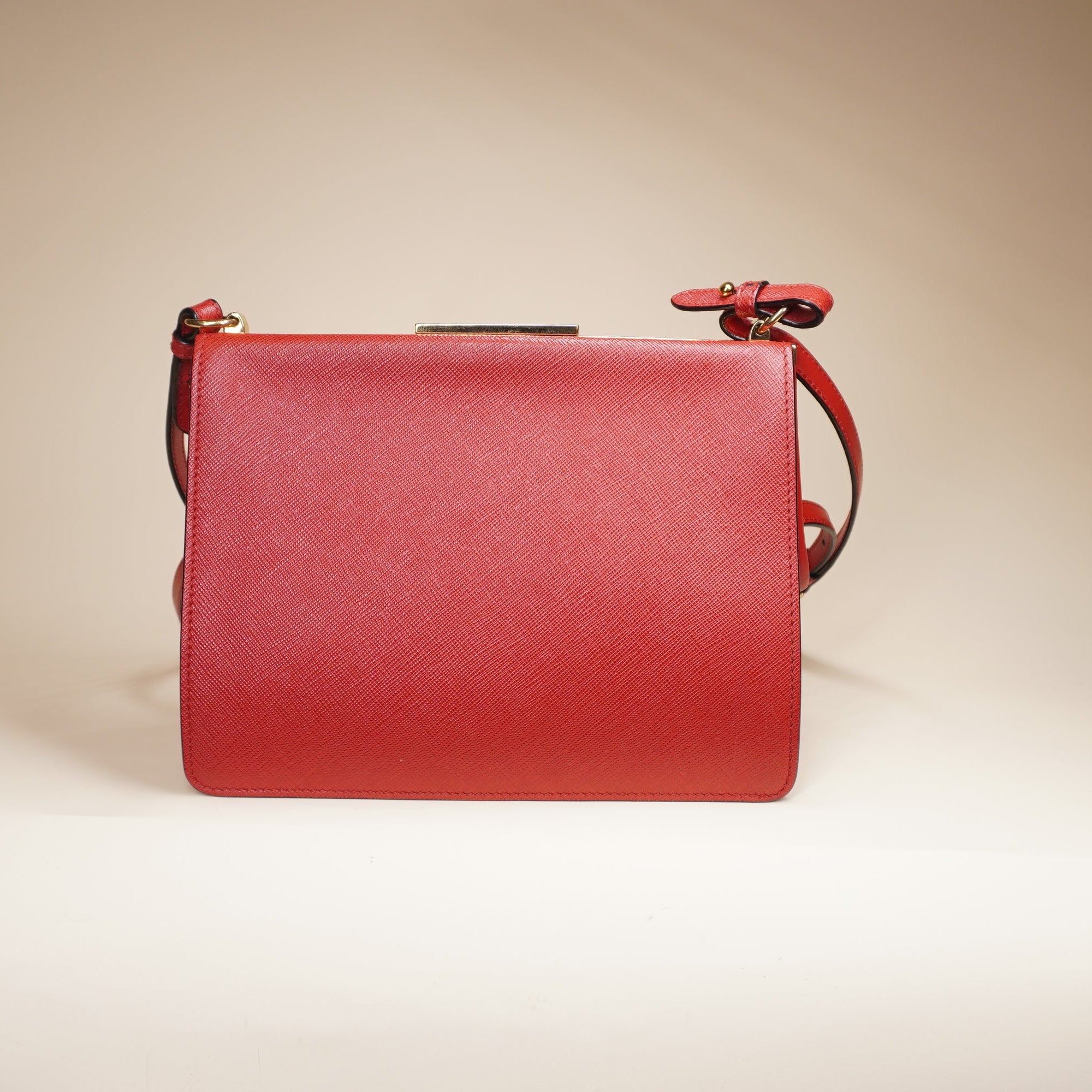 PRE-OWNED Saffiano Leather Red Light Frame Crossbody Bag