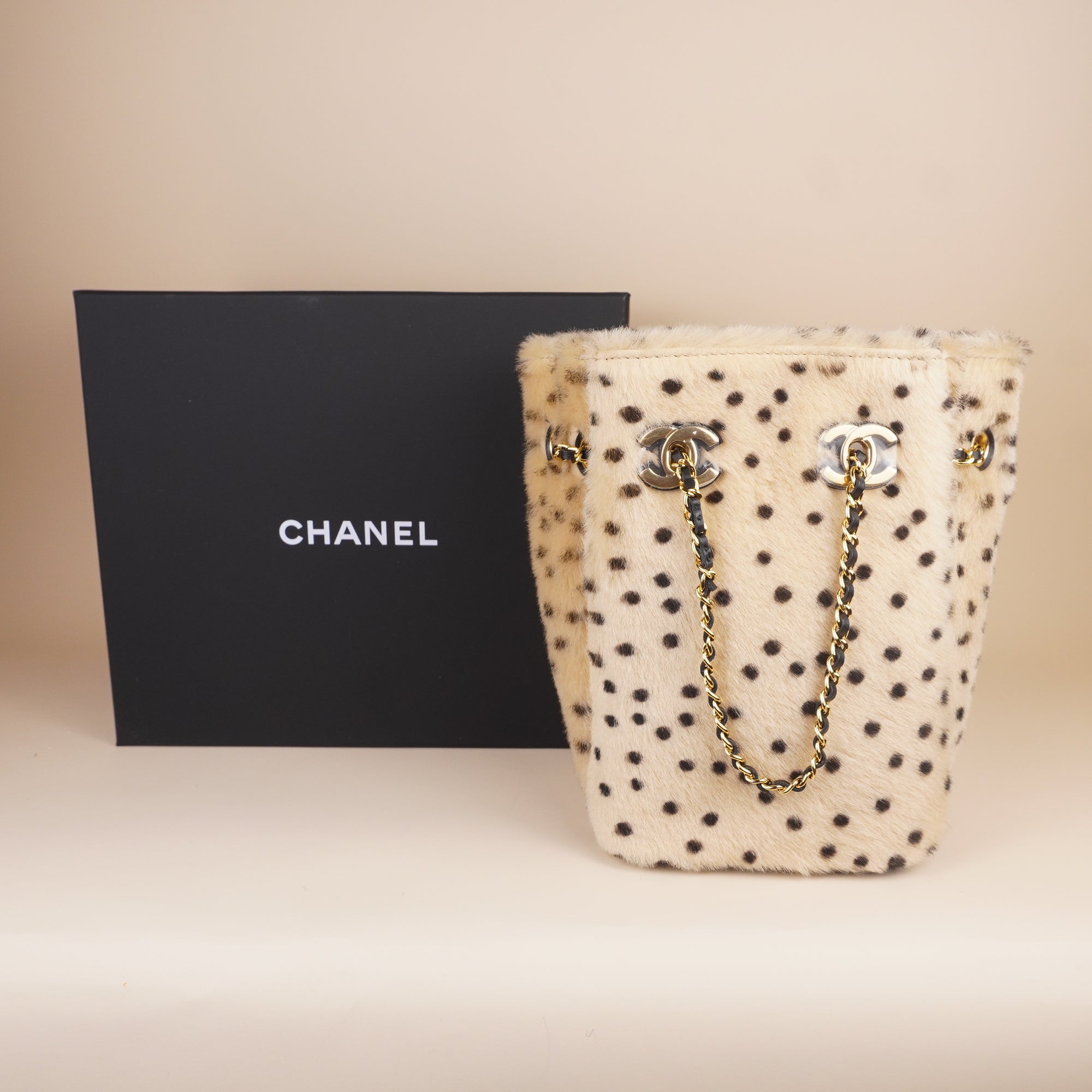 PRE-OWNED CC Pony Hair Cheetah Printed CC Chain Bucket Bag Light Beige Black