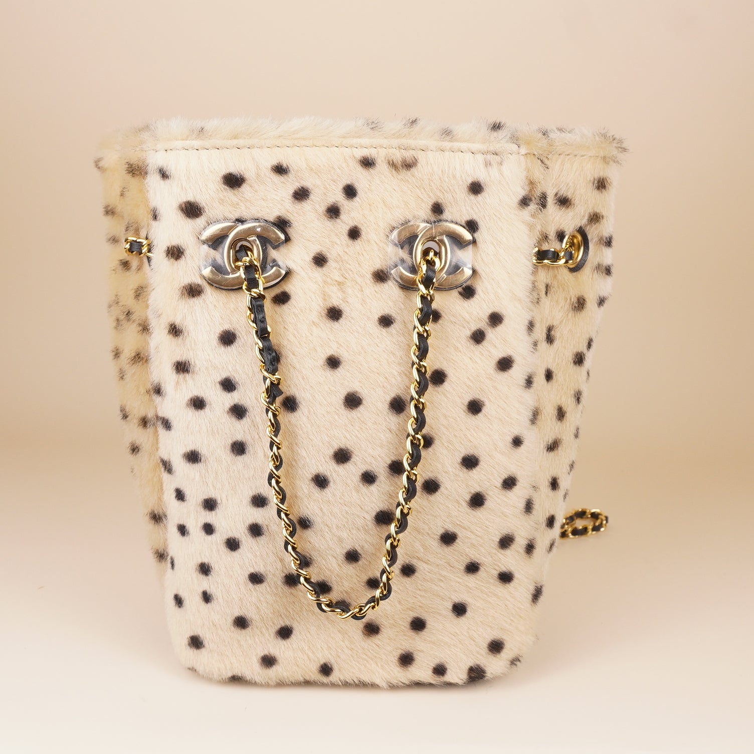 PRE-OWNED CC Pony Hair Cheetah Printed CC Chain Bucket Bag Light Beige Black