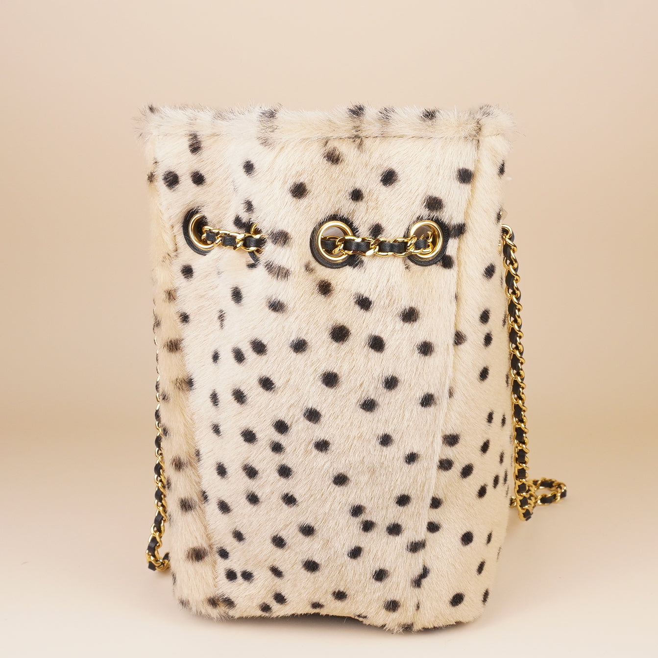 PRE-OWNED CC Pony Hair Cheetah Printed CC Chain Bucket Bag Light Beige Black