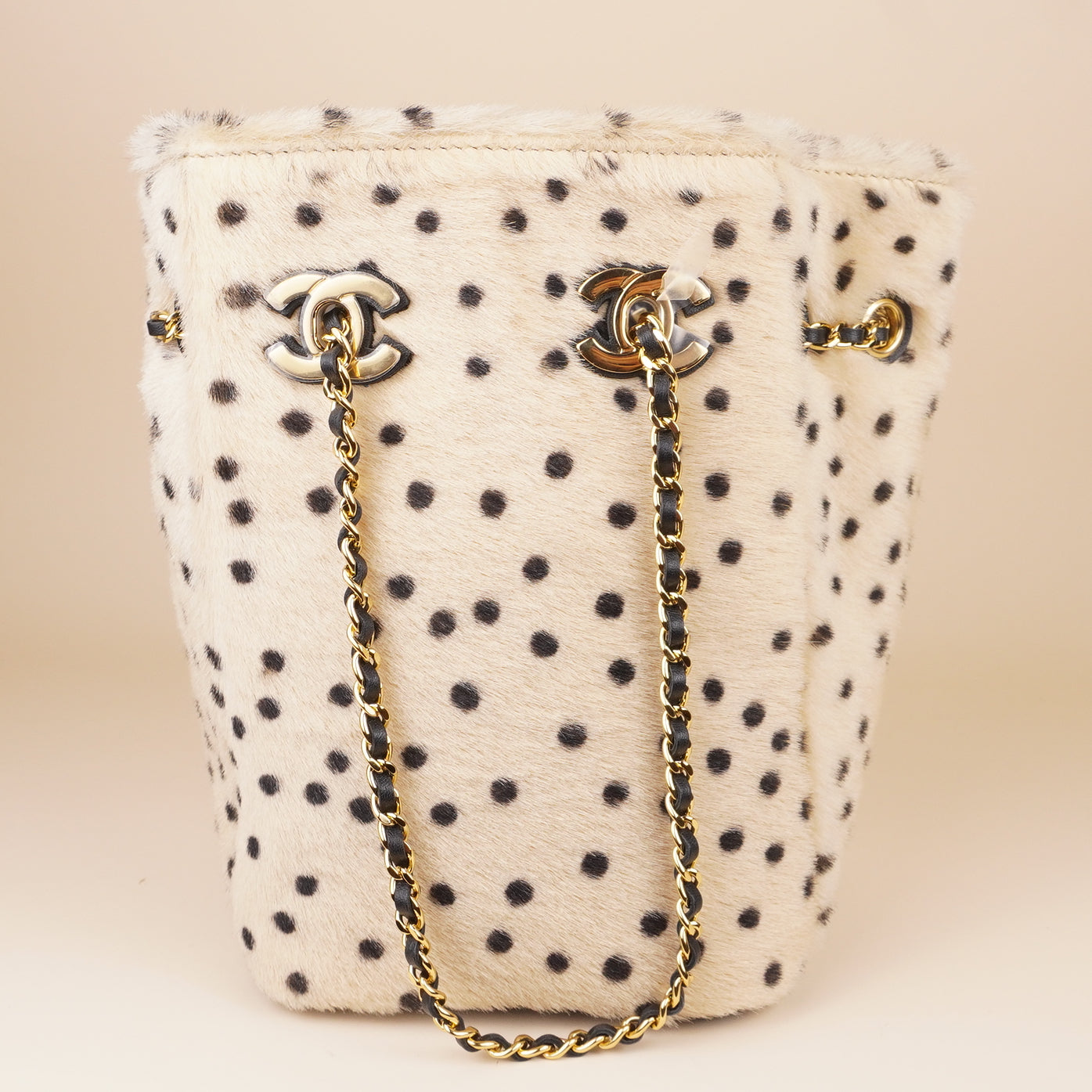 PRE-OWNED CC Pony Hair Cheetah Printed CC Chain Bucket Bag Light Beige Black