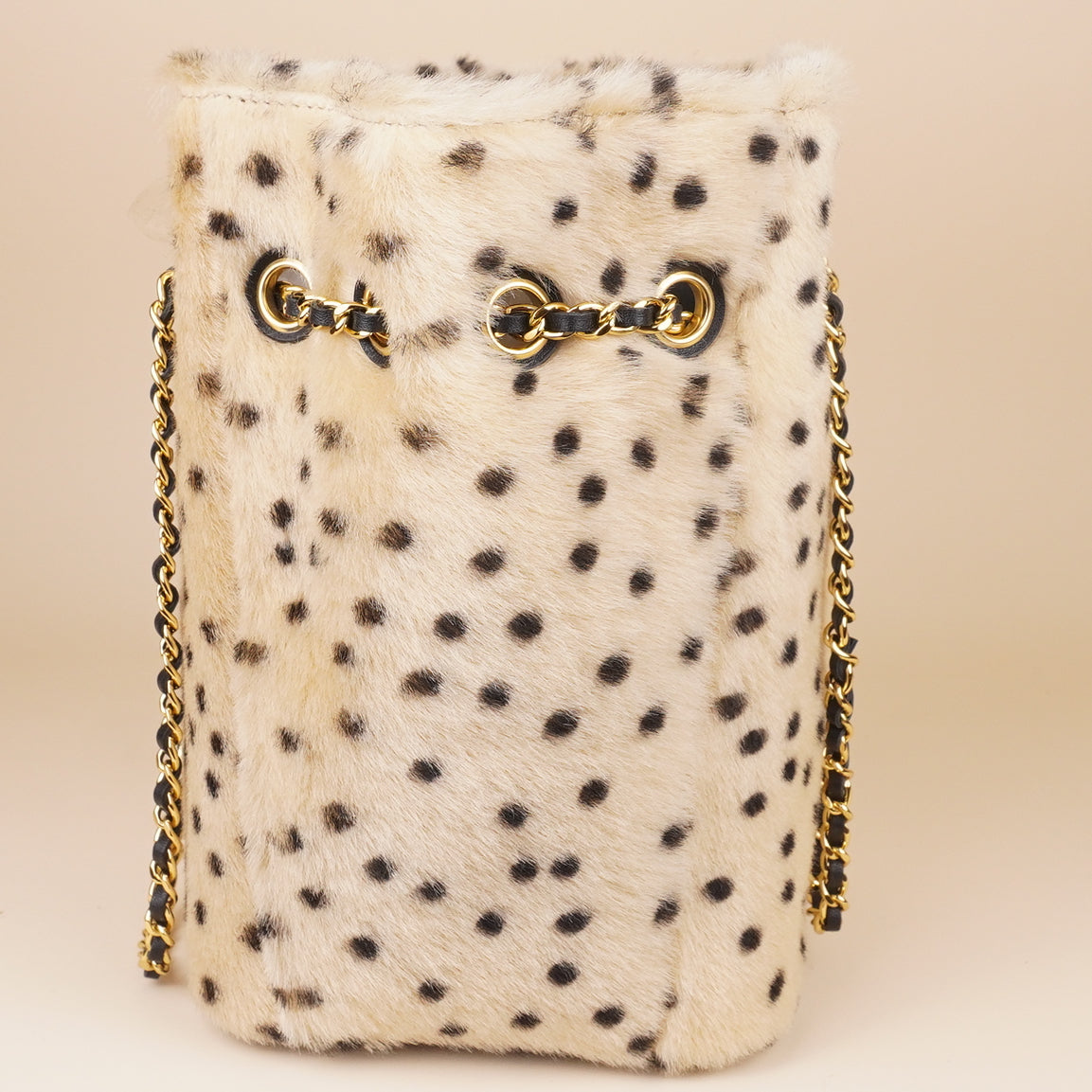 PRE-OWNED CC Pony Hair Cheetah Printed CC Chain Bucket Bag Light Beige Black