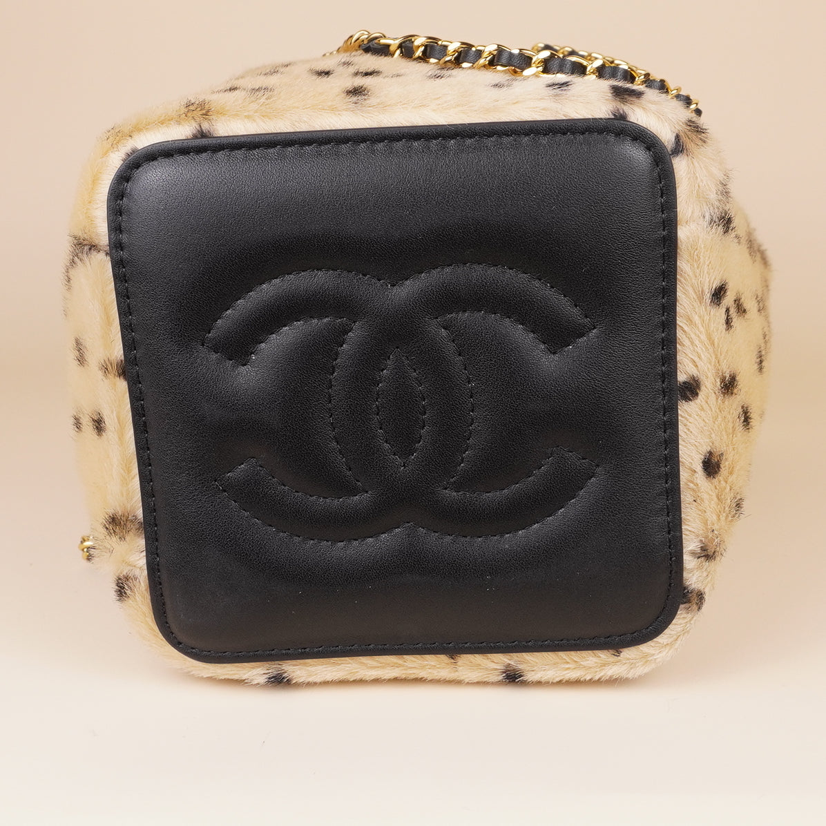 PRE-OWNED CC Pony Hair Cheetah Printed CC Chain Bucket Bag Light Beige Black