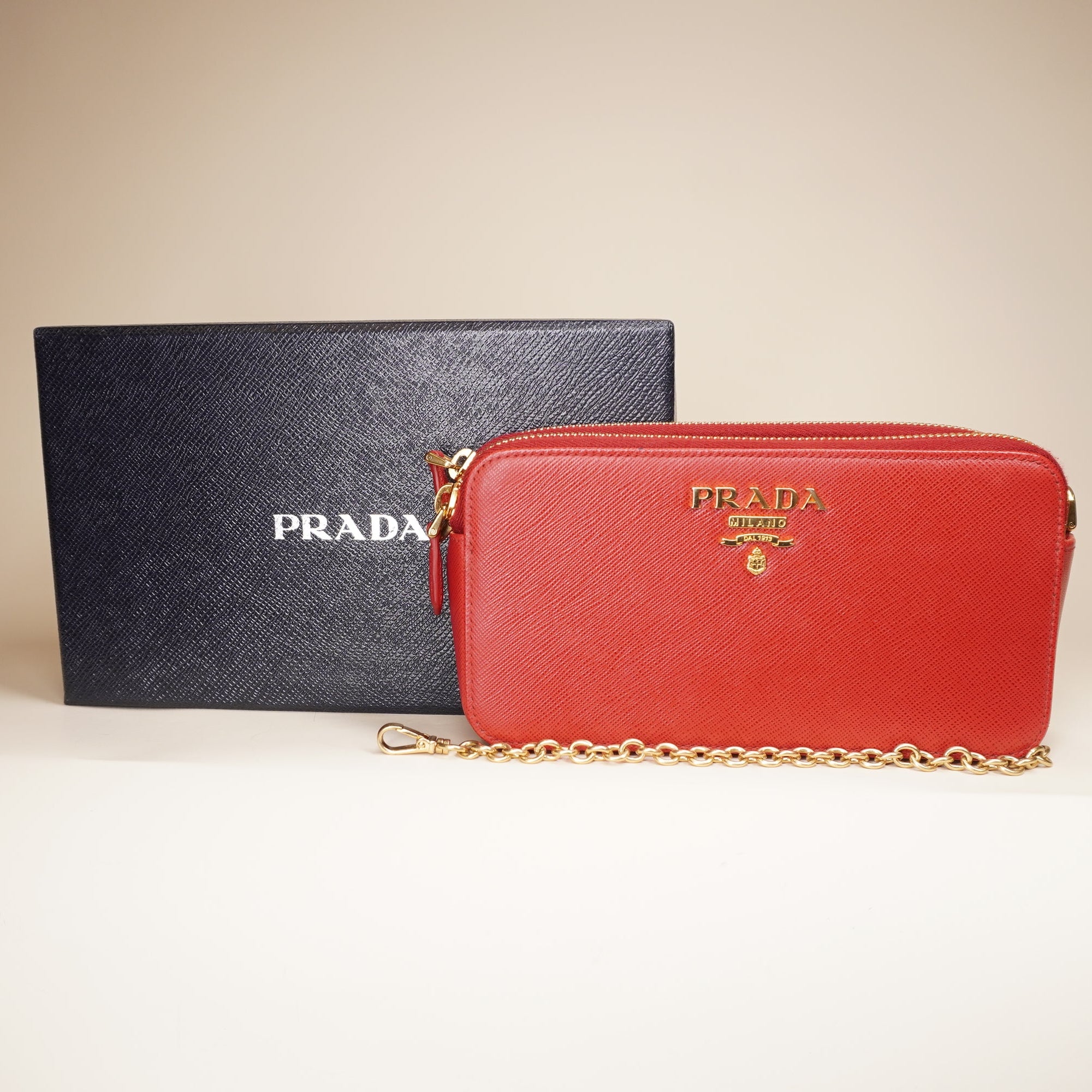 PRE-OWNED Saffiano Leather Red  Double Zipper Wallet On Chain