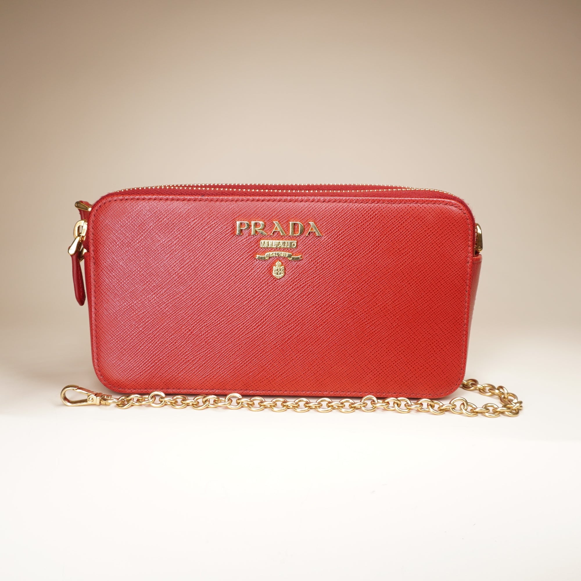 PRE-OWNED Saffiano Leather Red  Double Zipper Wallet On Chain