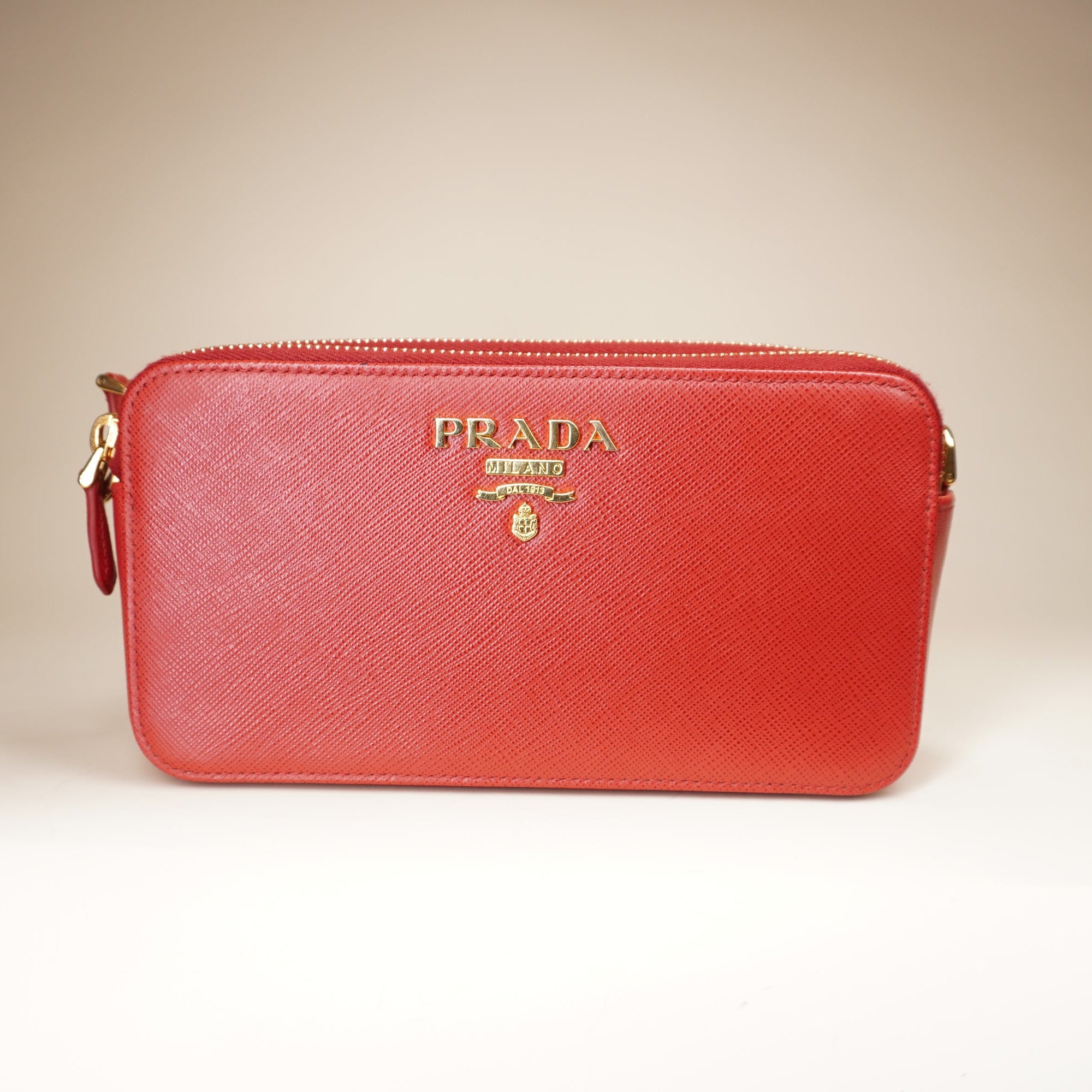 PRE-OWNED Saffiano Leather Red  Double Zipper Wallet On Chain