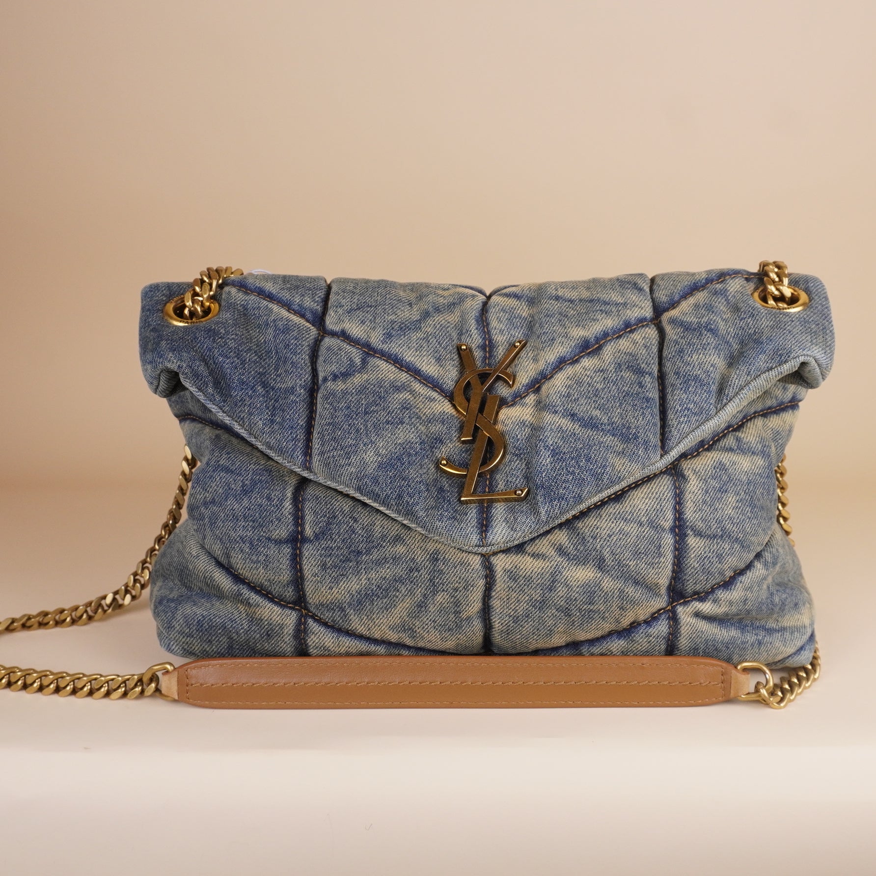 PRE-OWNED Denim Quilted Medium Loulou Puffer Monogram Chain Satchel Blue Cinnamon