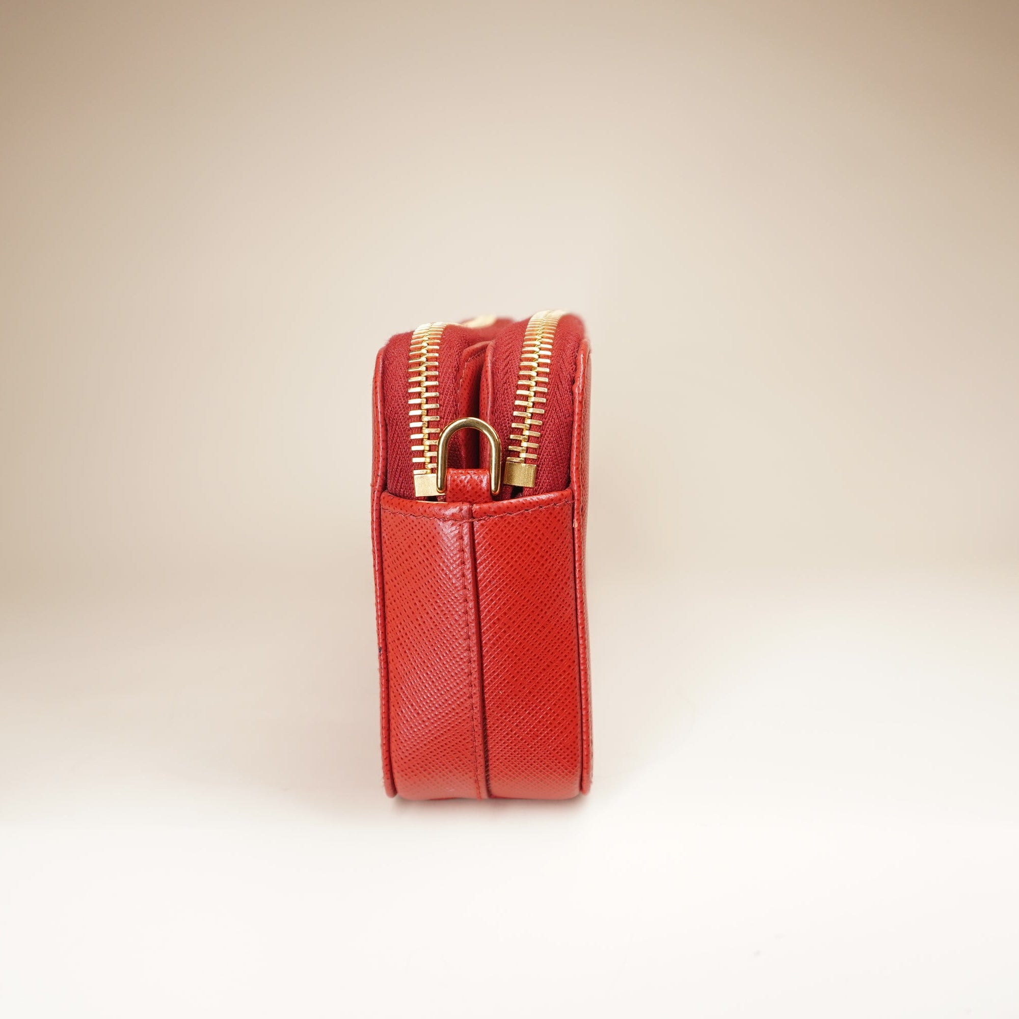 PRE-OWNED Saffiano Leather Red Double Zipper Mini Shoulder Bag