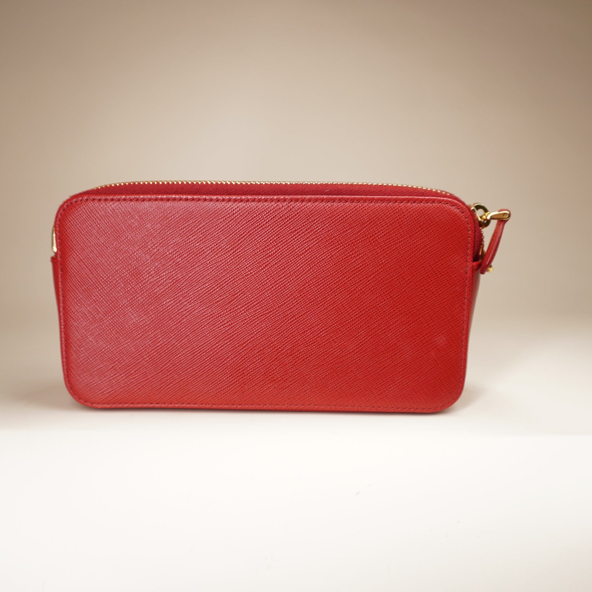 PRE-OWNED Saffiano Leather Red Double Zipper Mini Shoulder Bag