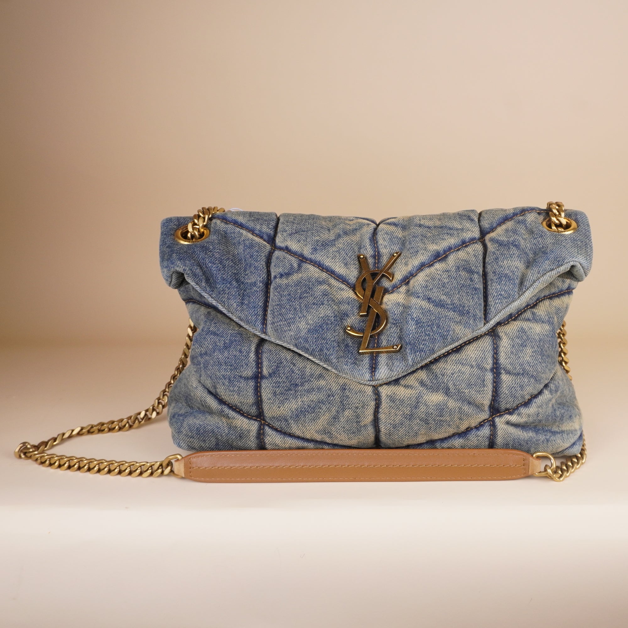 PRE-OWNED Denim Quilted Medium Loulou Puffer Monogram Chain Satchel Blue Cinnamon
