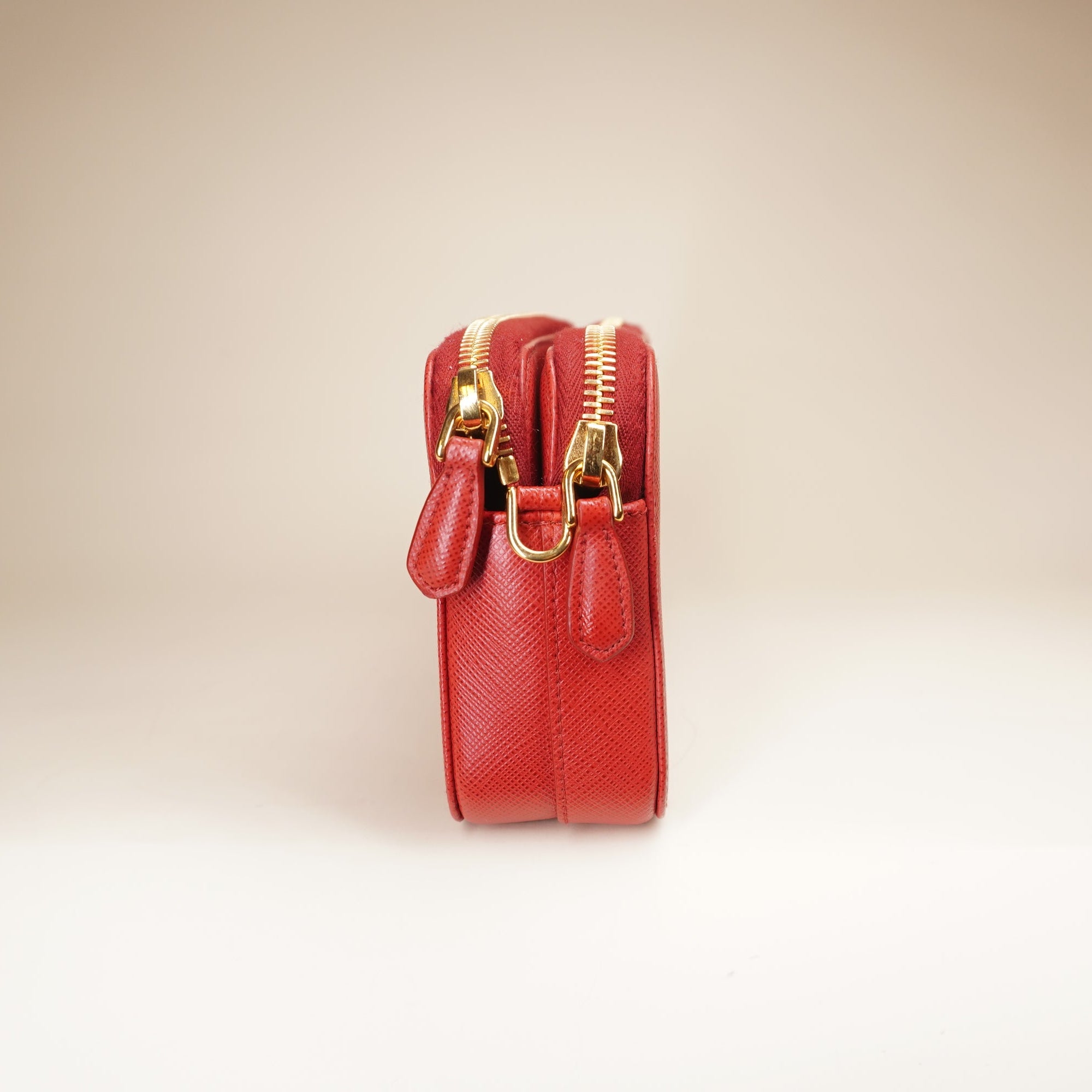 PRE-OWNED Saffiano Leather Red Double Zipper Mini Shoulder Bag