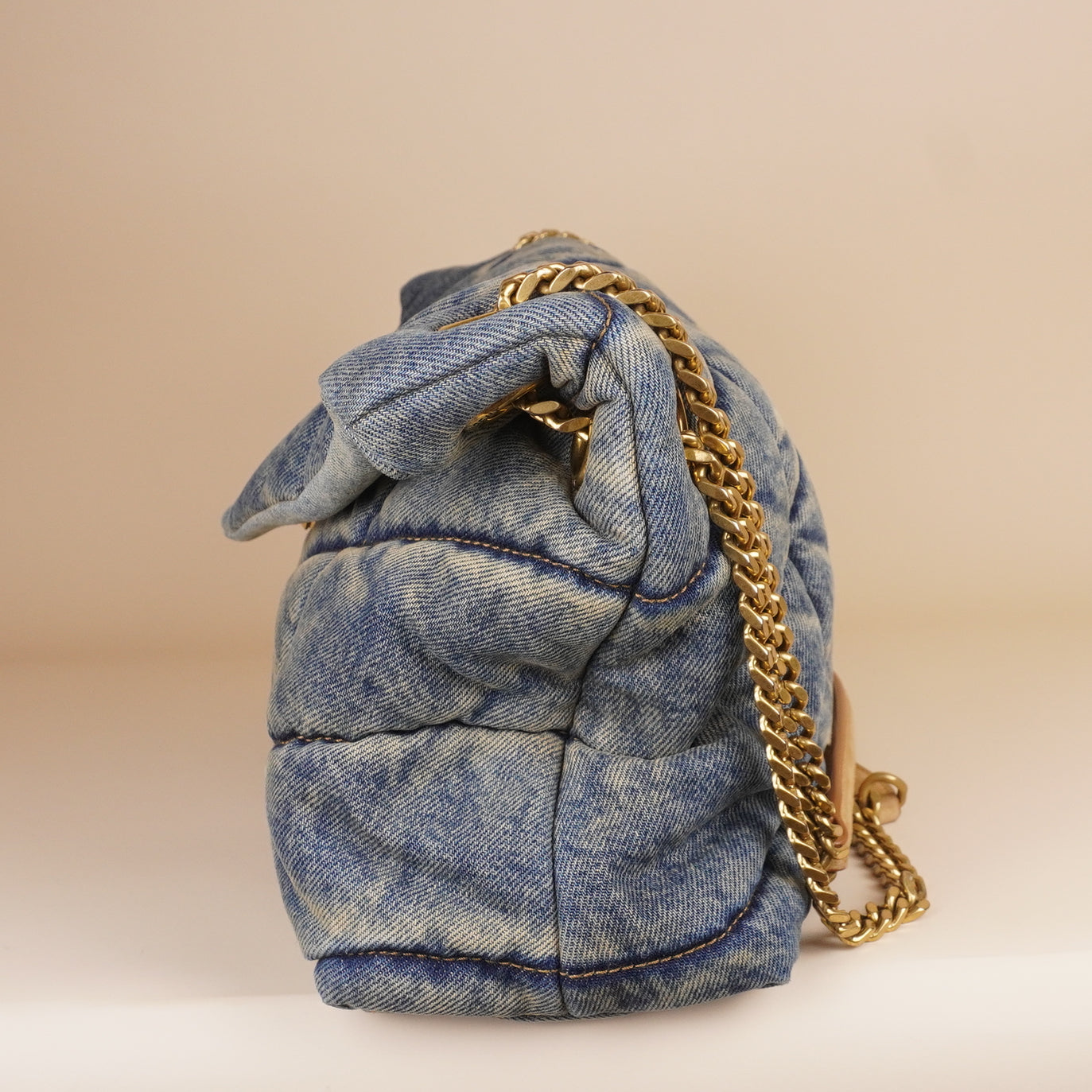 PRE-OWNED Denim Quilted Medium Loulou Puffer Monogram Chain Satchel Blue Cinnamon