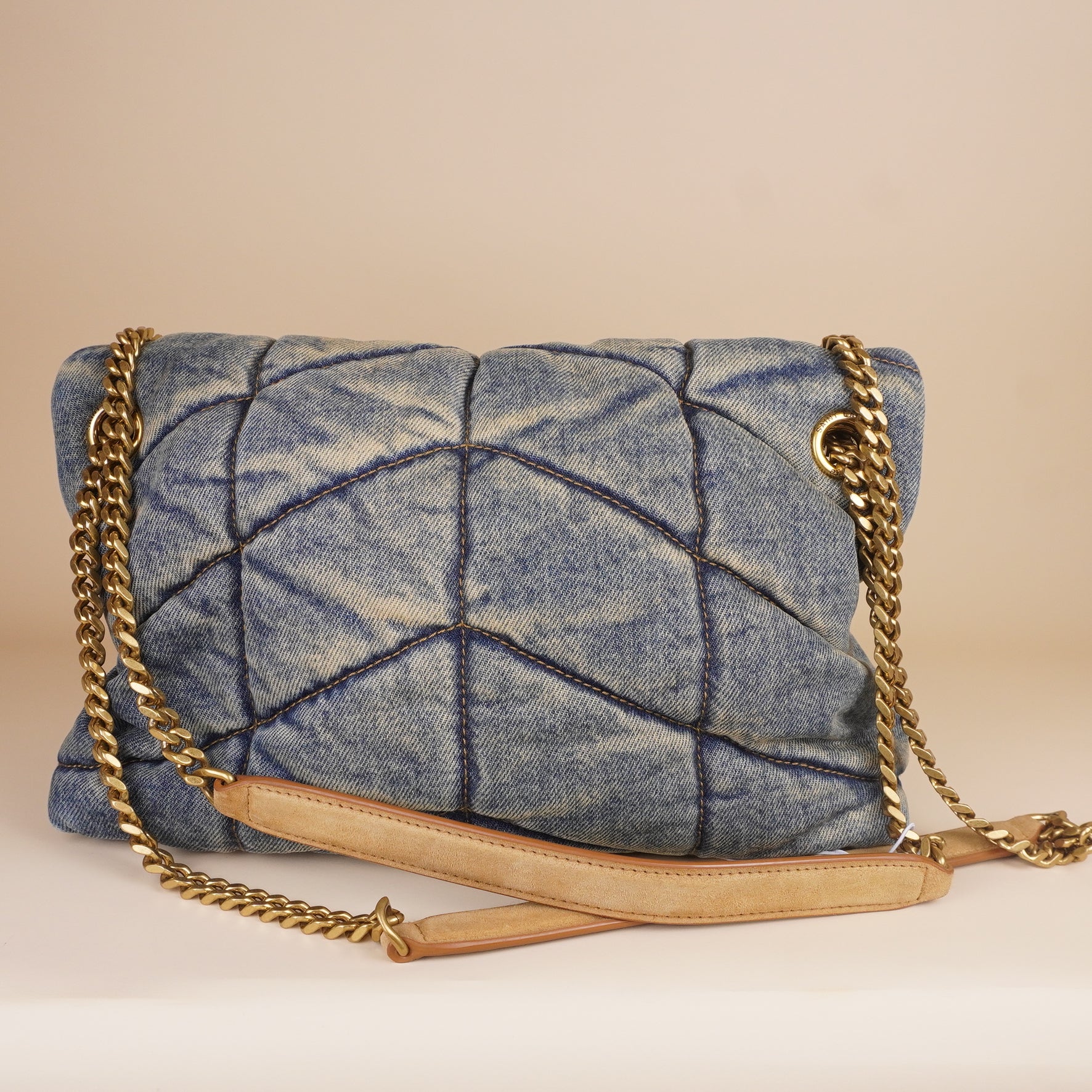 PRE-OWNED Denim Quilted Medium Loulou Puffer Monogram Chain Satchel Blue Cinnamon