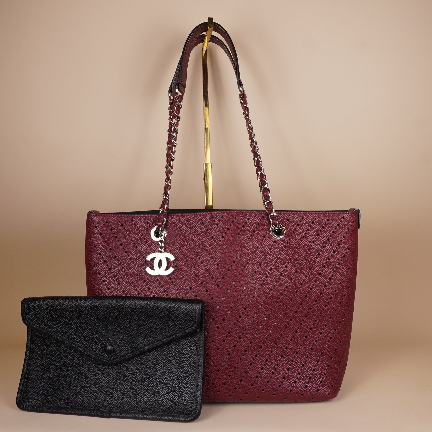 PRE-OWNED CC Red Leather Perforated CC Shopper Tote