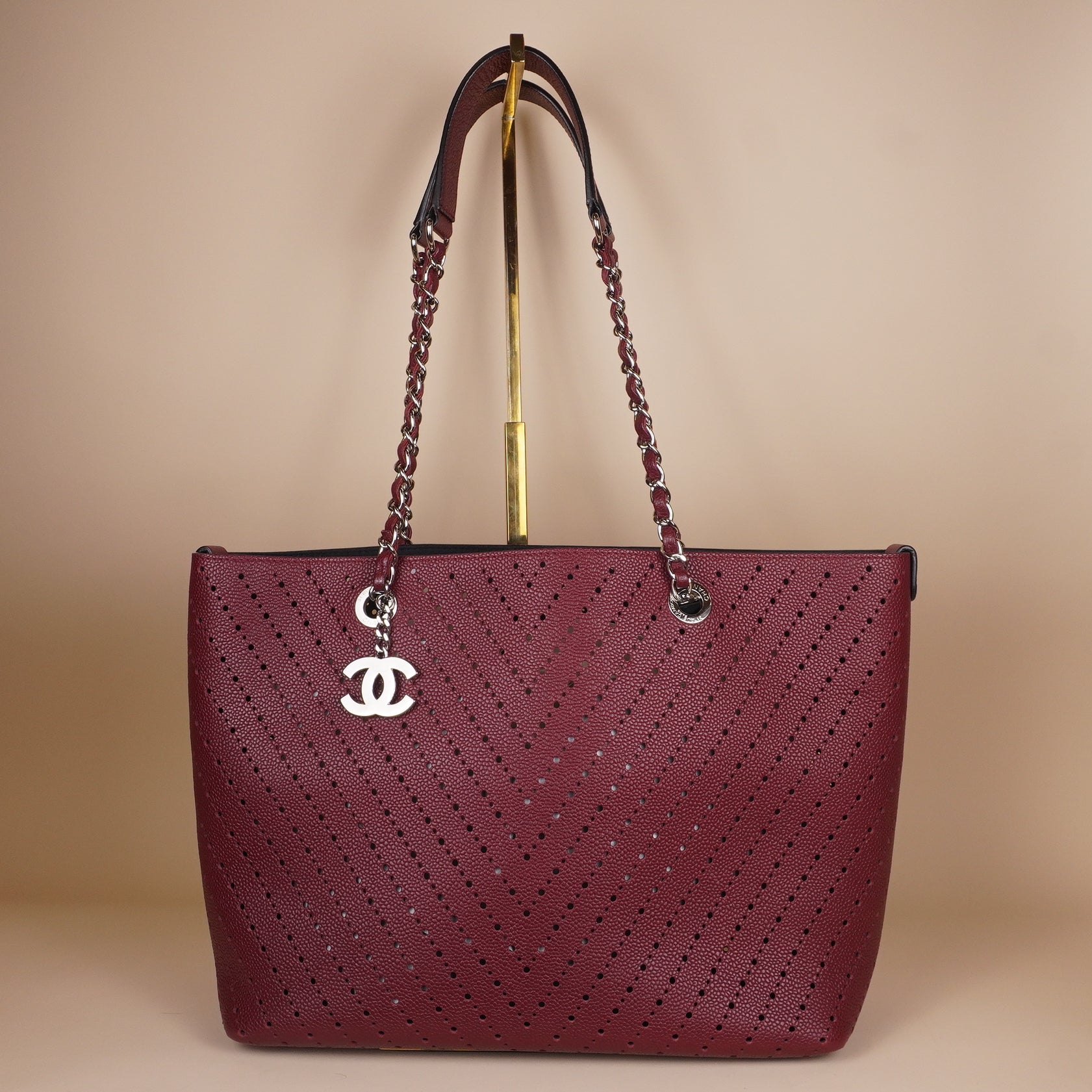 PRE-OWNED CC Red Leather Perforated CC Shopper Tote