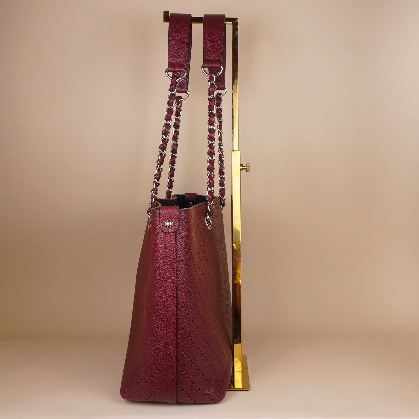 PRE-OWNED CC Red Leather Perforated CC Shopper Tote