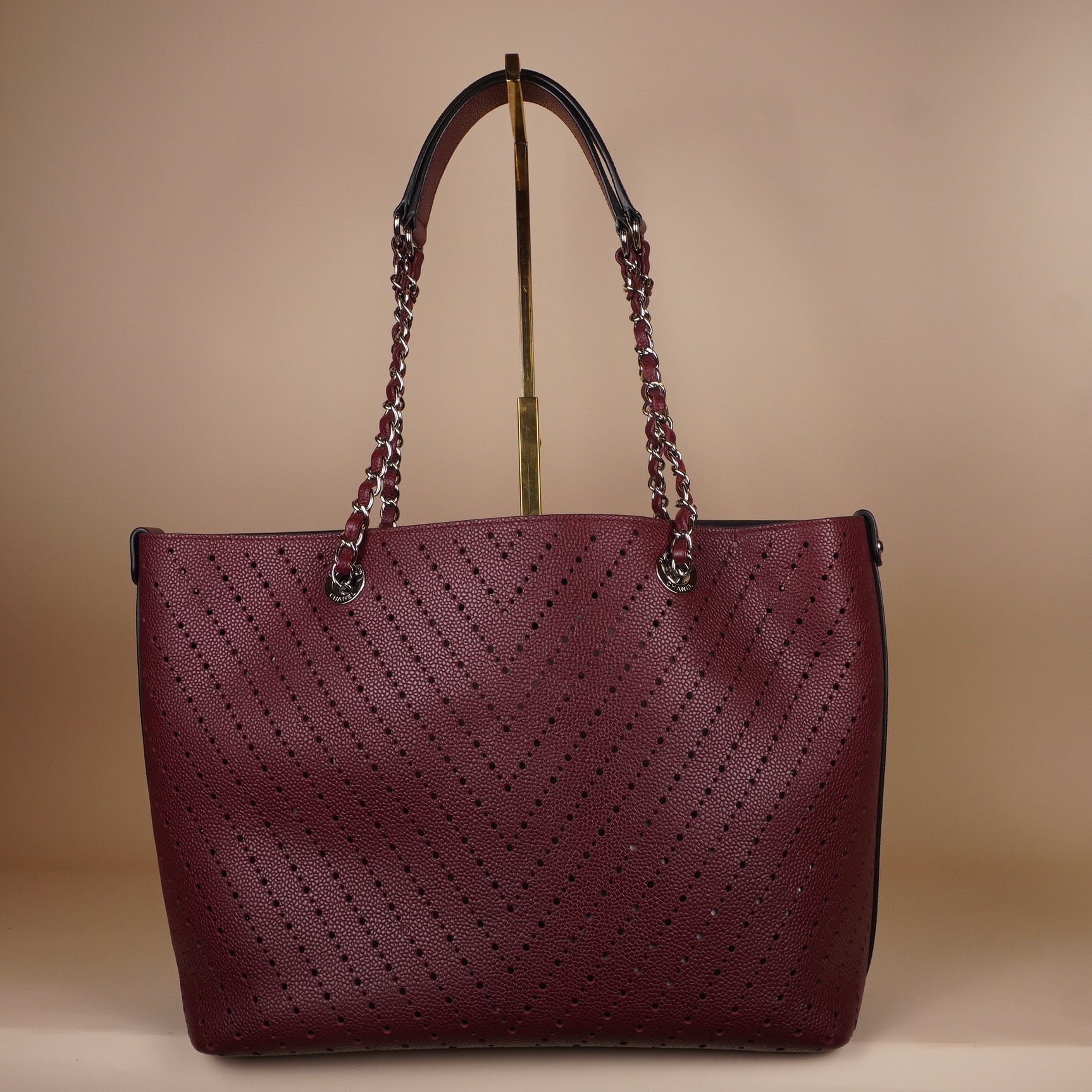 PRE-OWNED CC Red Leather Perforated CC Shopper Tote