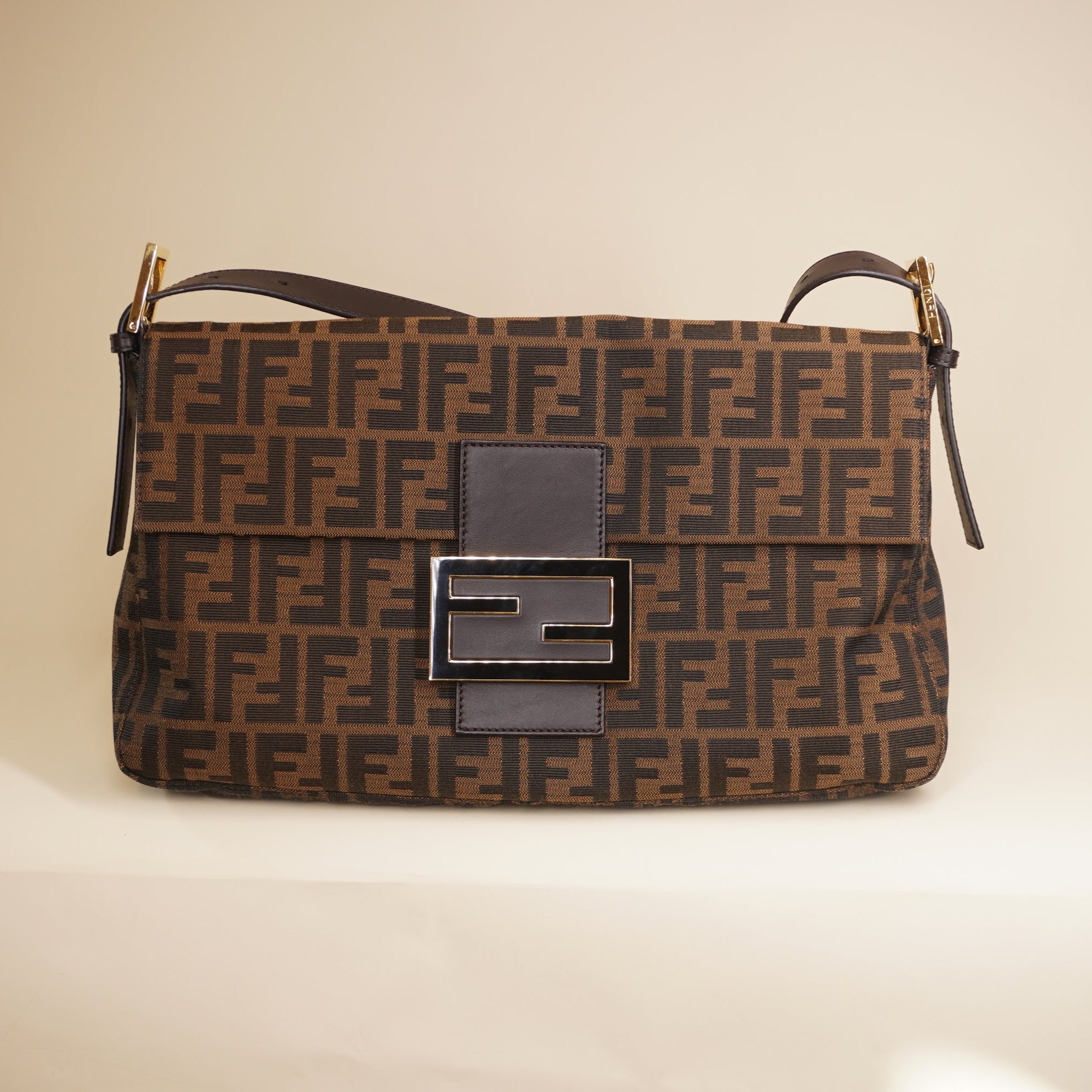 PRE-OWNED FF Baguette Maxi Canvas Brown Shoulder Bag