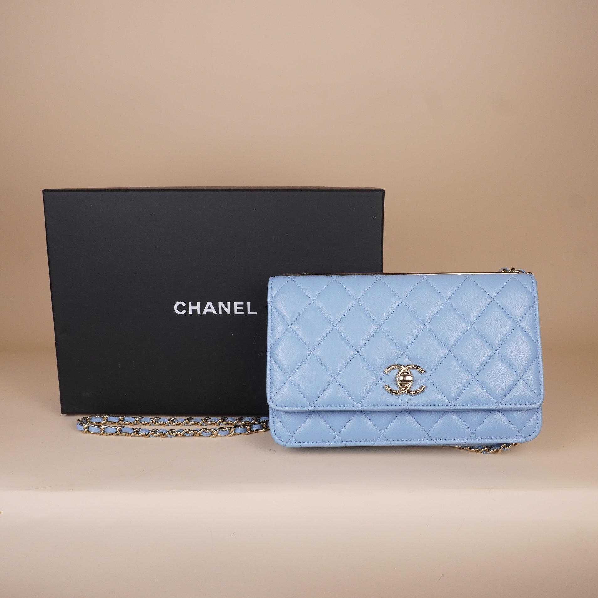 PRE-OWNED Lambskin Quilted Trendy CC Wallet On Chain WOC Light Blue