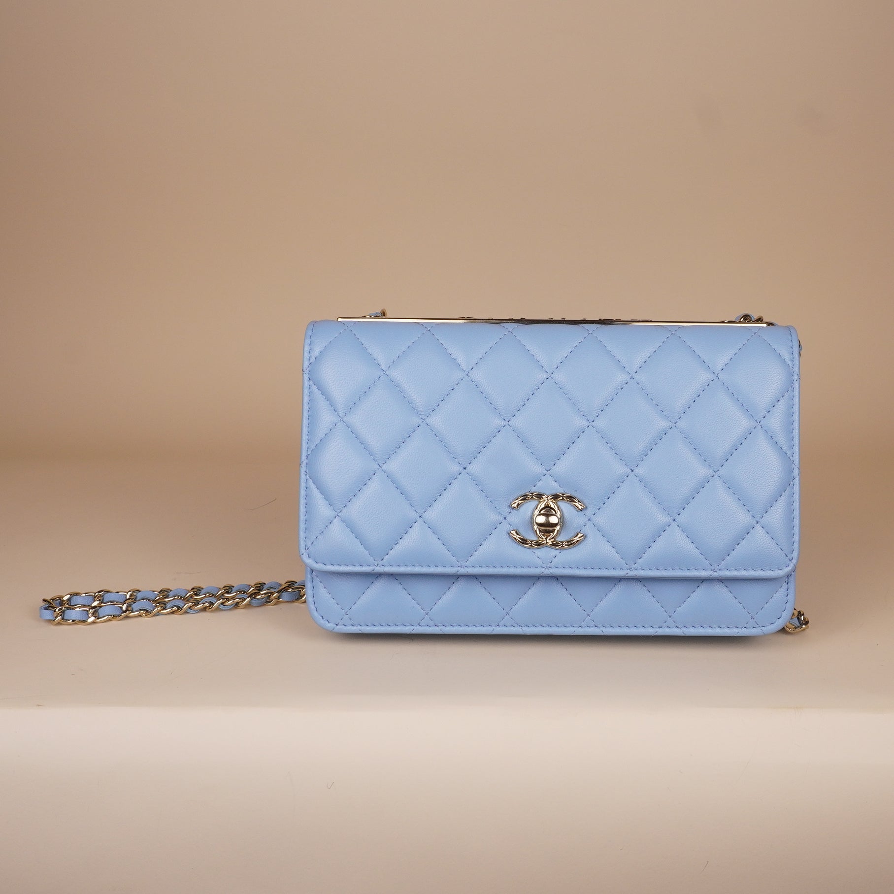 PRE-OWNED Lambskin Quilted Trendy CC Wallet On Chain WOC Light Blue