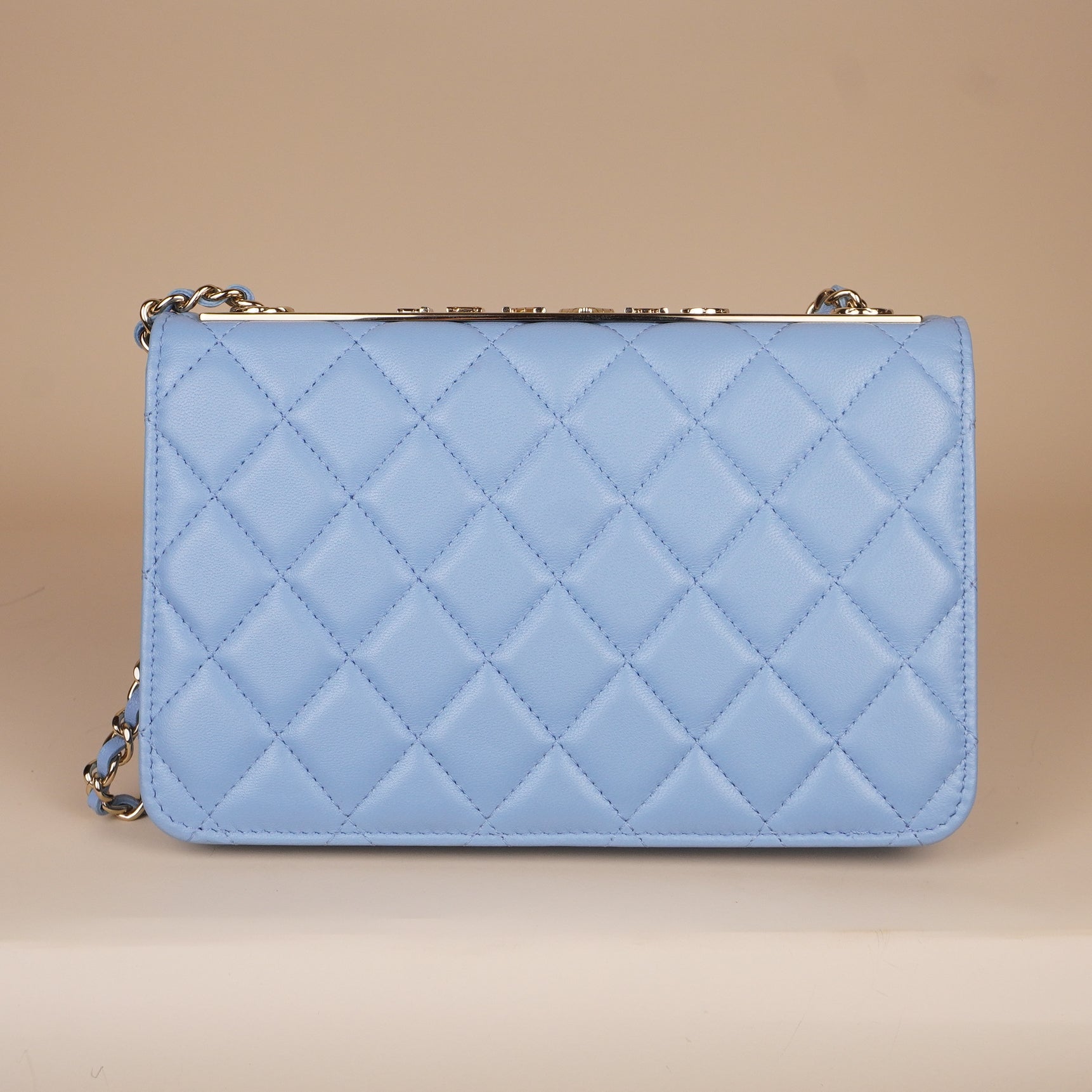 PRE-OWNED Lambskin Quilted Trendy CC Wallet On Chain WOC Light Blue